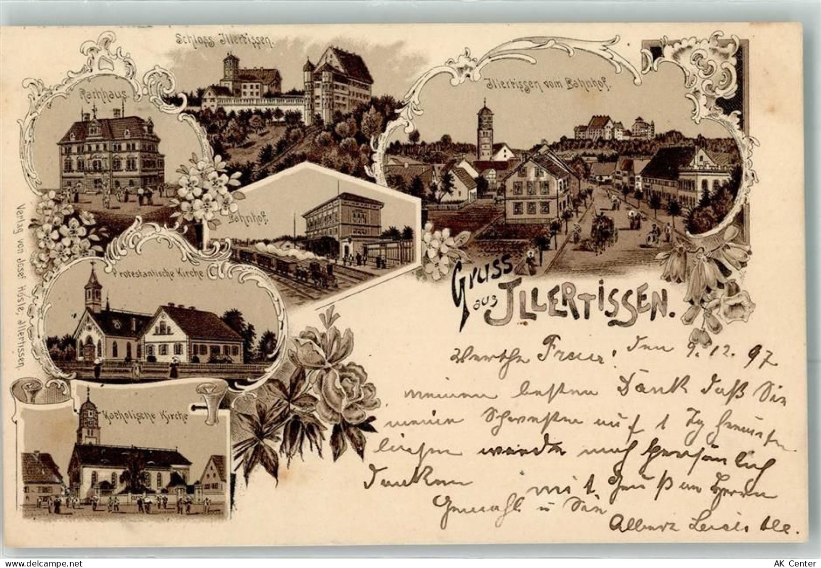 89257 W7918 Illertissen 1897 Lithographie Rathaus Schloss Bahnhof Eisenb... - 13614912