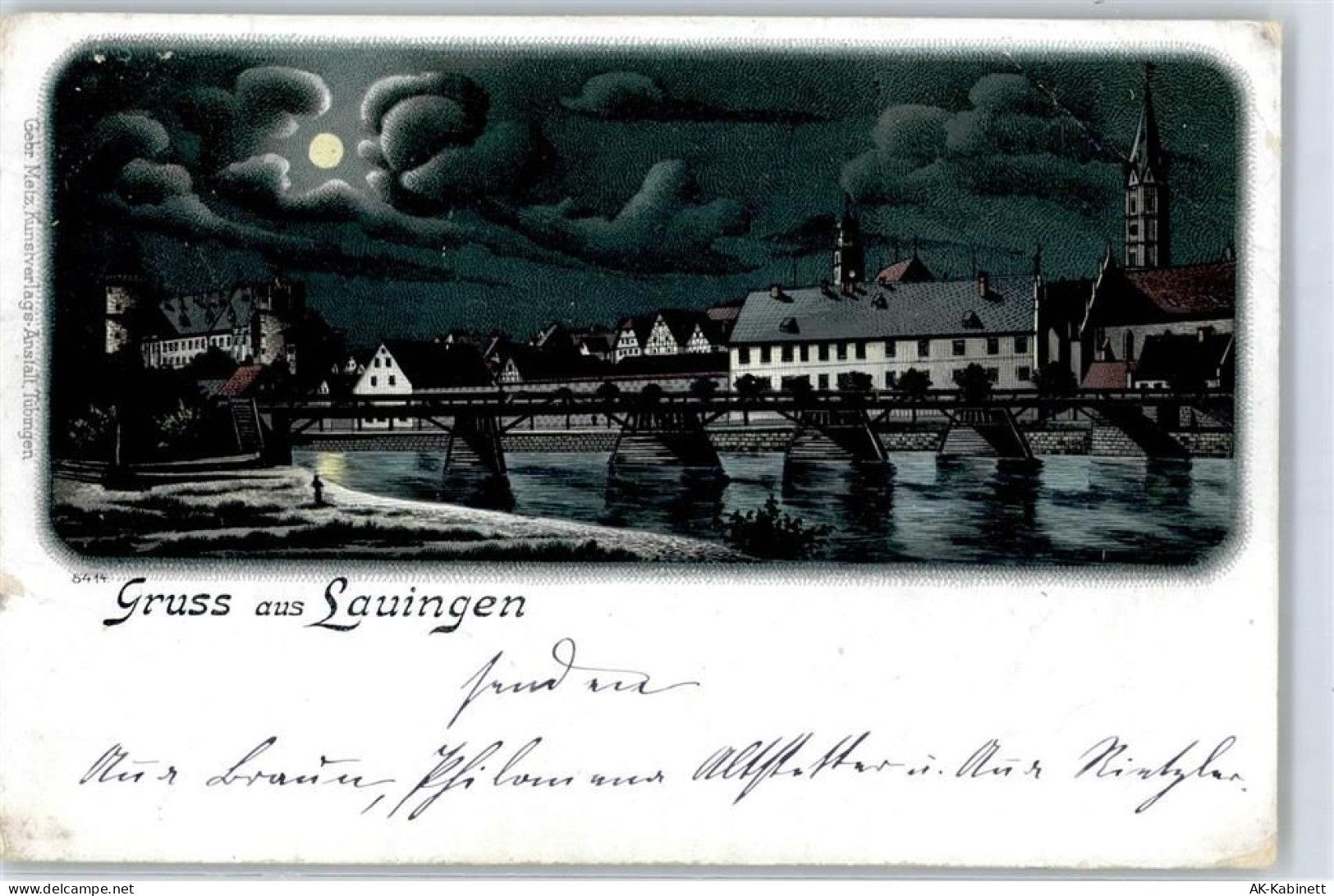 89415 W8882 Lauingen (Donau) 1898 Lithographie / Mondschein Brücke - 51435004