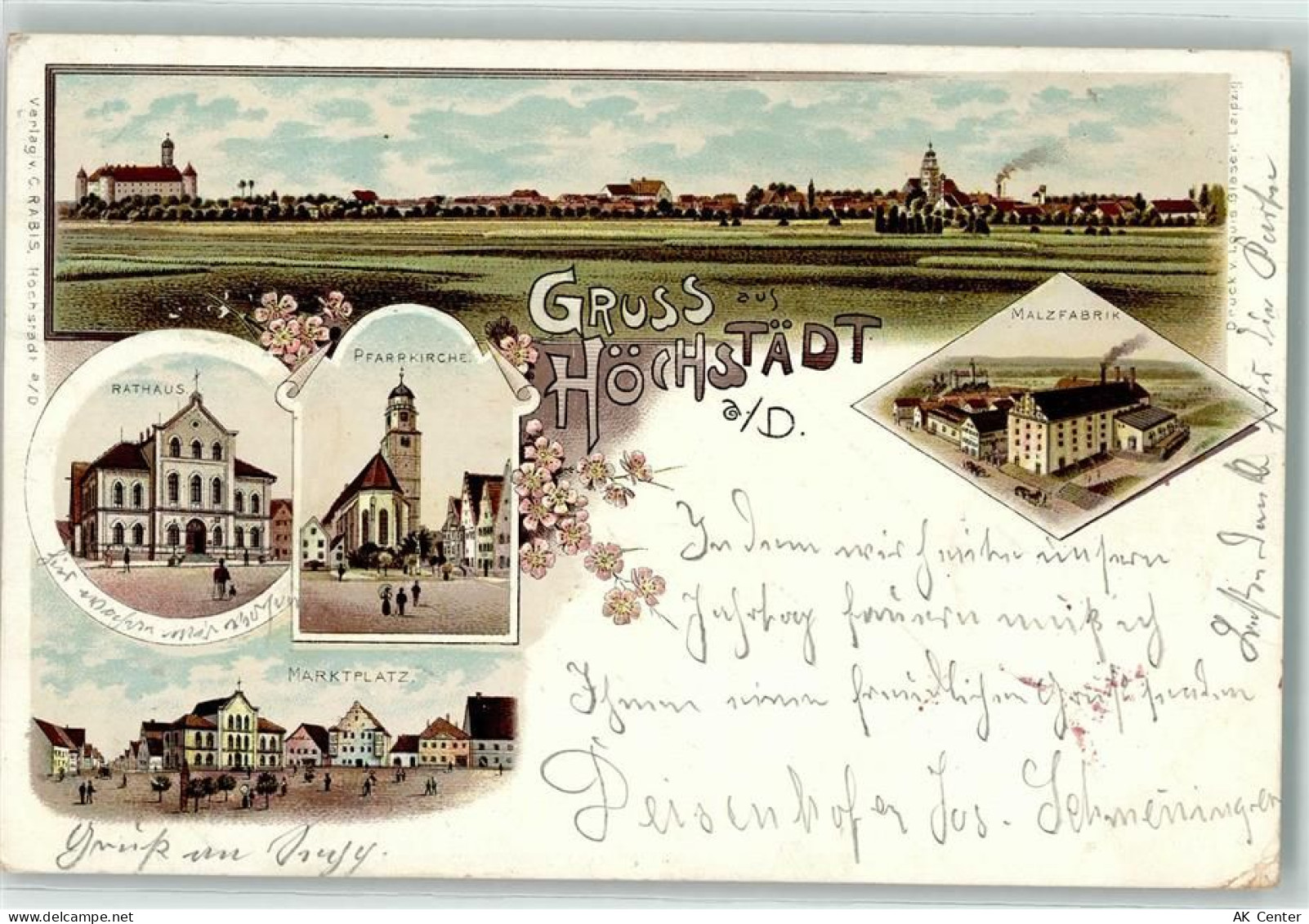 89420 W8884 Höchstädt a d Donau 1898 Lithographie Rathaus Pfarrkirche Ma... - 13606324