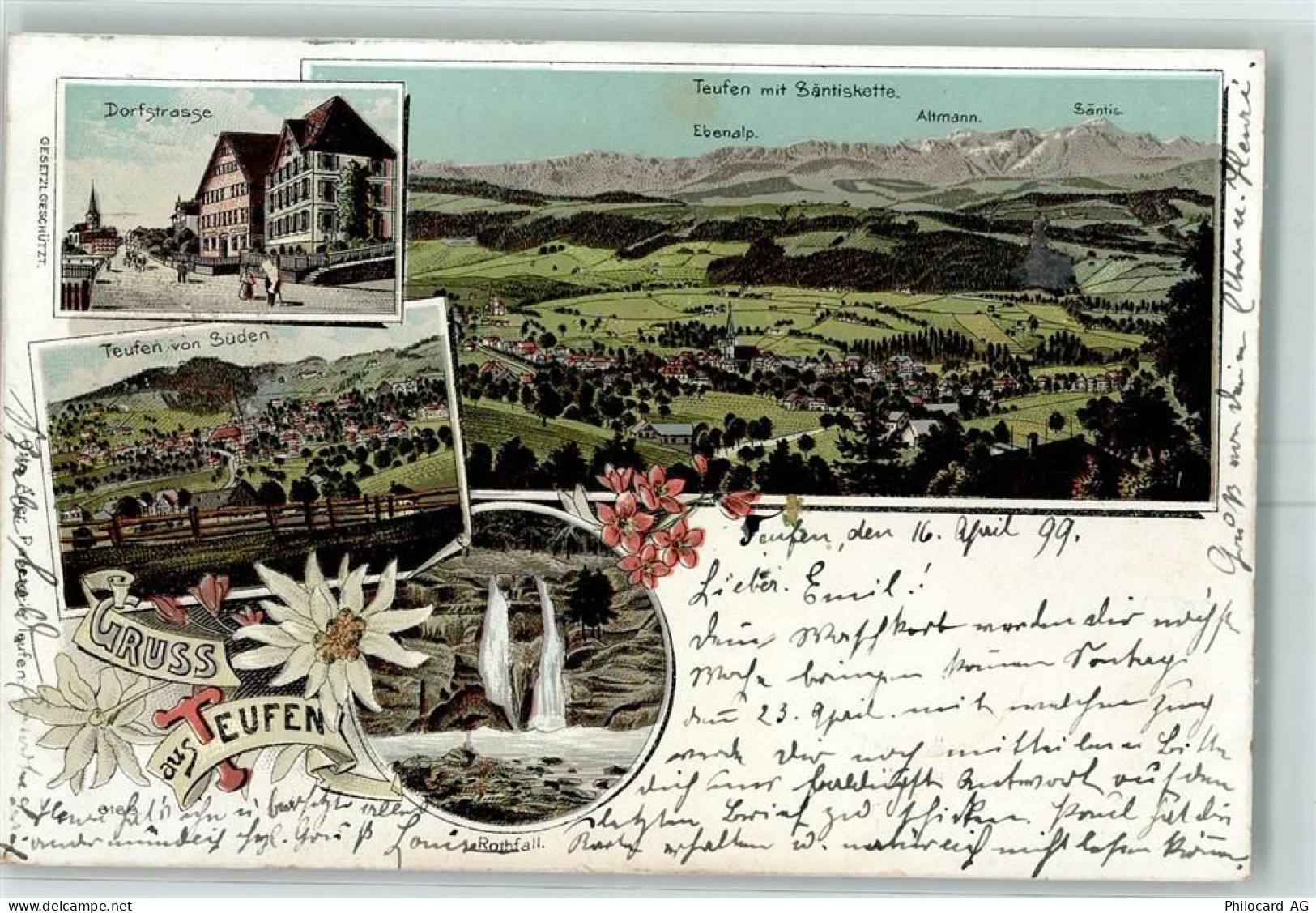 9053 Teufen AR 1899 Lithographie Dorfstrasse Teufen mit Säntiskette Roth... - 13601349