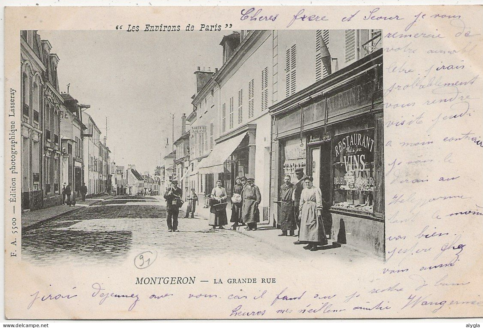 91 - MONTGERON - La grande rue, restaurant - CPA écrite en 1902