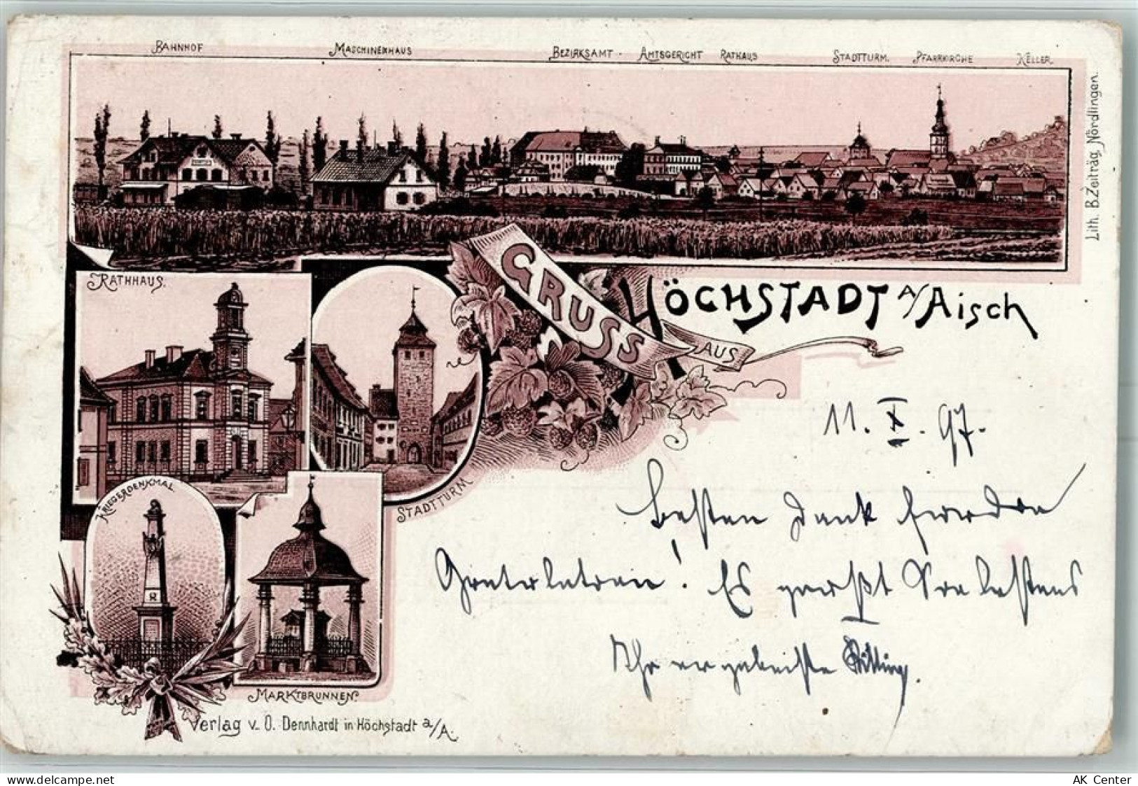 91315 W8552 Höchstadt a d Aisch 1897 Lithographie Bahnhof Maschinenhaus ... - 13604592