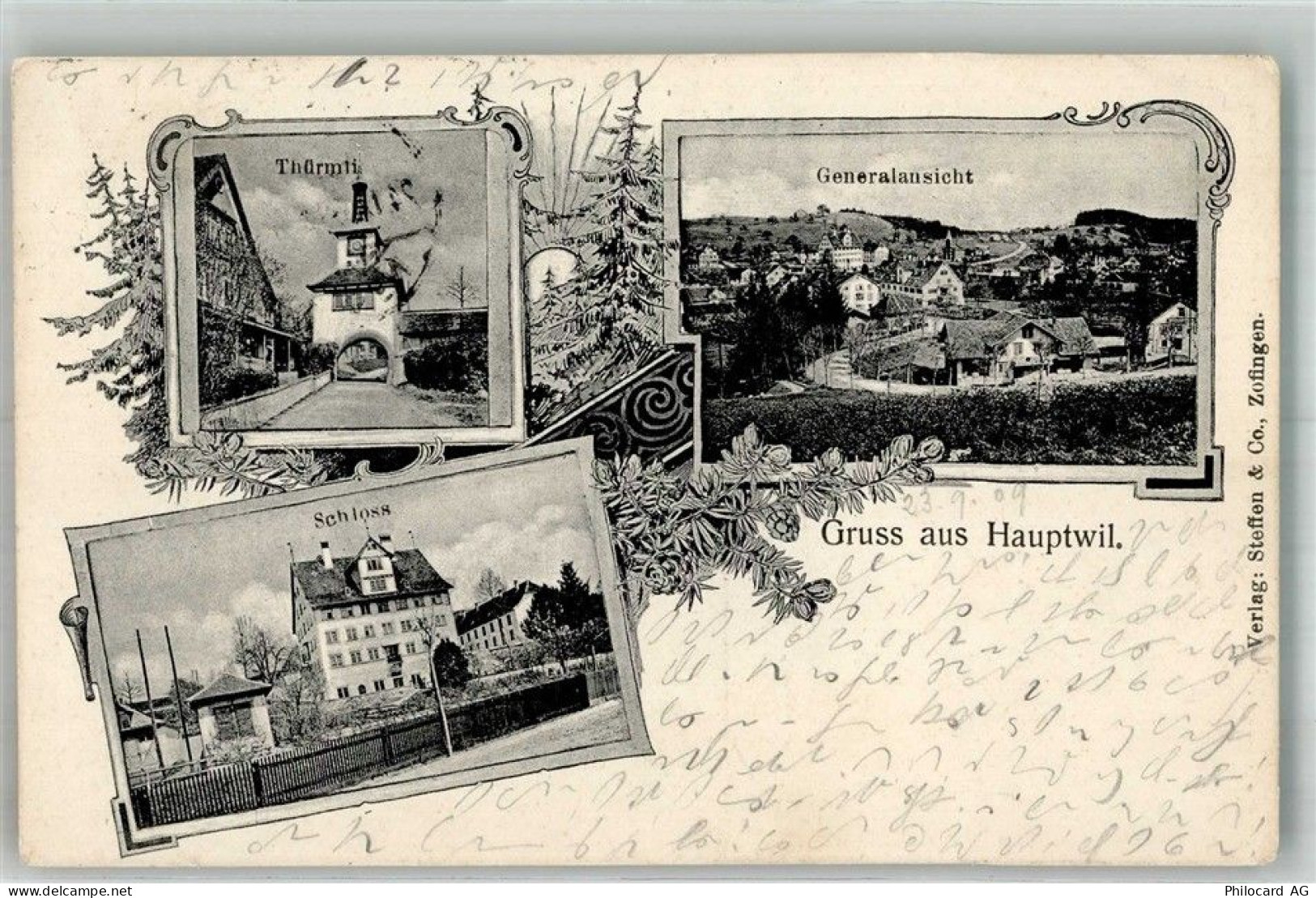 9213 Hauptwil 1909 Foto AK Schloss Türmli Bahnpost Zug 2602 - 13585812