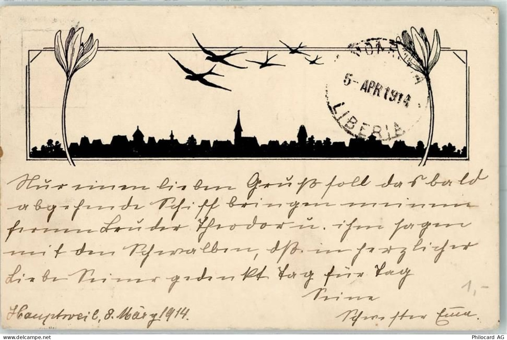 9213 Hauptwil 1914 - Schwalben über Stadtkulisse Ort handschriftlich - 10398328