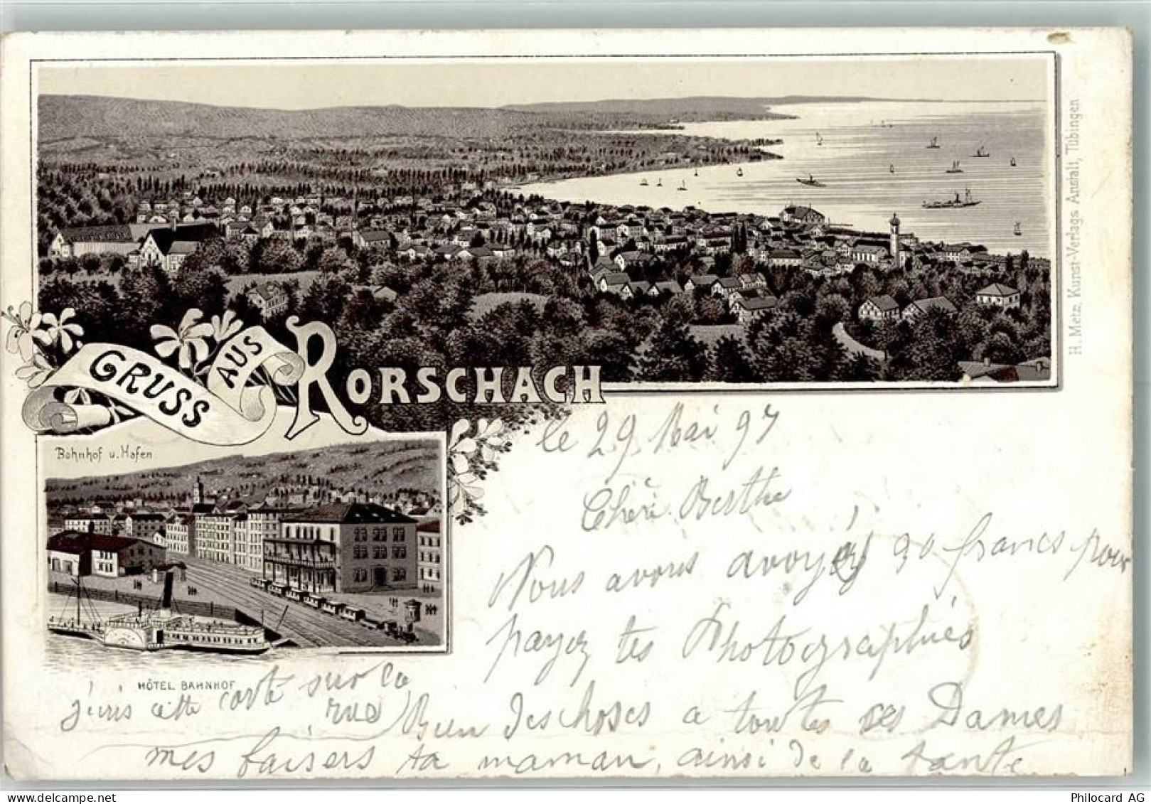 9400 Rorschach 1897 Lithographie Bahnhof Hafen Hotel Bahnhof Raddampfer ... - 13514393