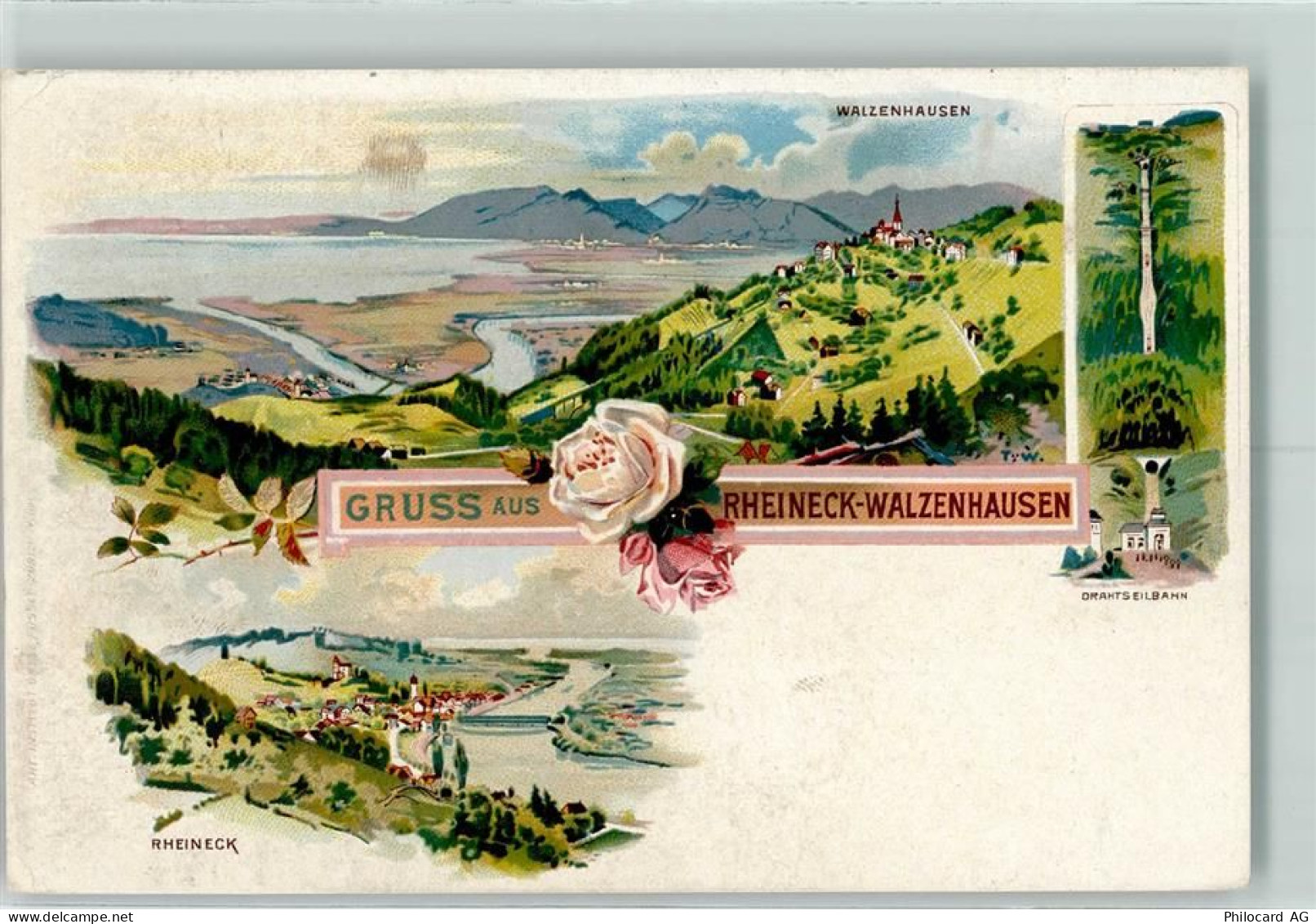 9428 Walzenhausen Lithographie Rheineck-Walzenhausen Drahtseilbahn Rose... - 13415785