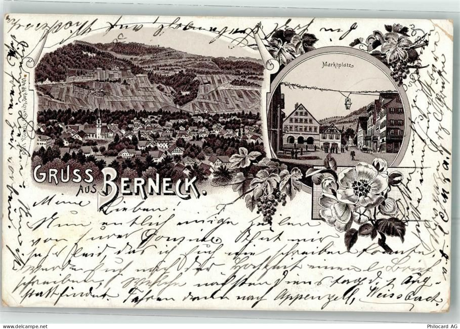 9442 Berneck Gebrauchsspuren Marktplatz Lithographie - 13622889