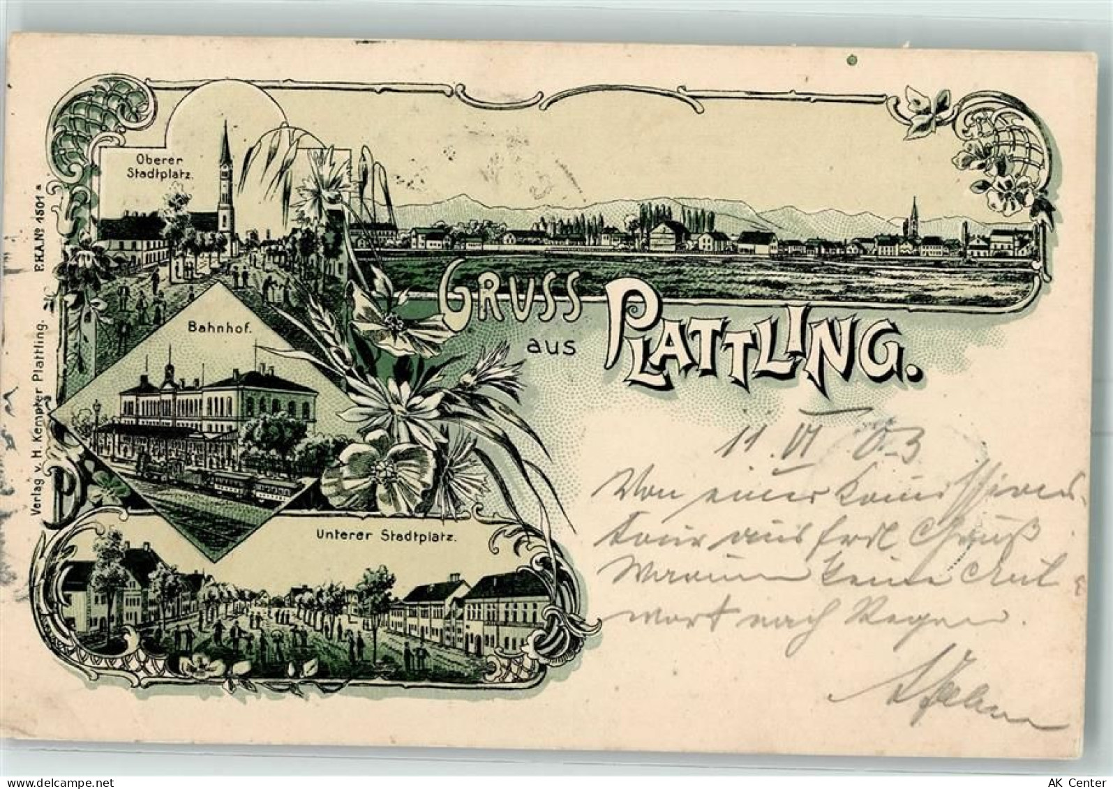 94447 W8350 Plattling 1903 Lithographie Oberer Stadtplatz Bahnhof Untere... - 13600381
