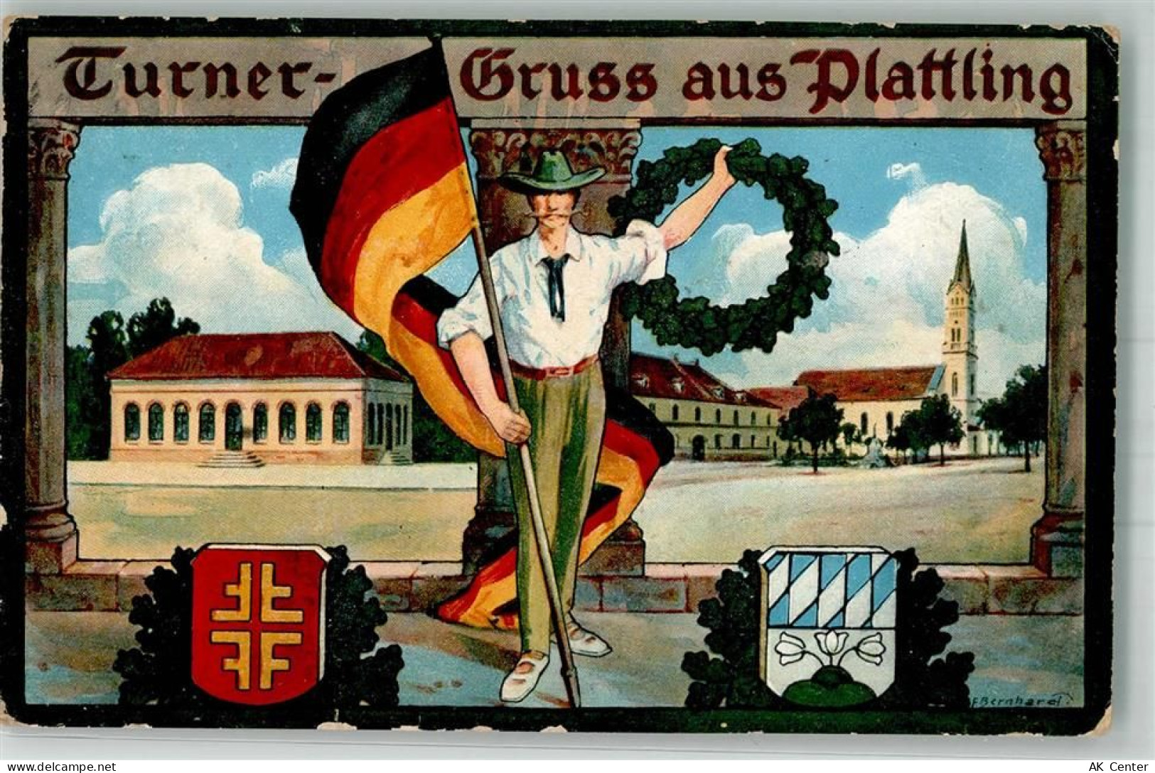 94447 W8350 Plattling 1912 Lithographie Turner-Gruß Fahnenträger Wappen ... - 13653847