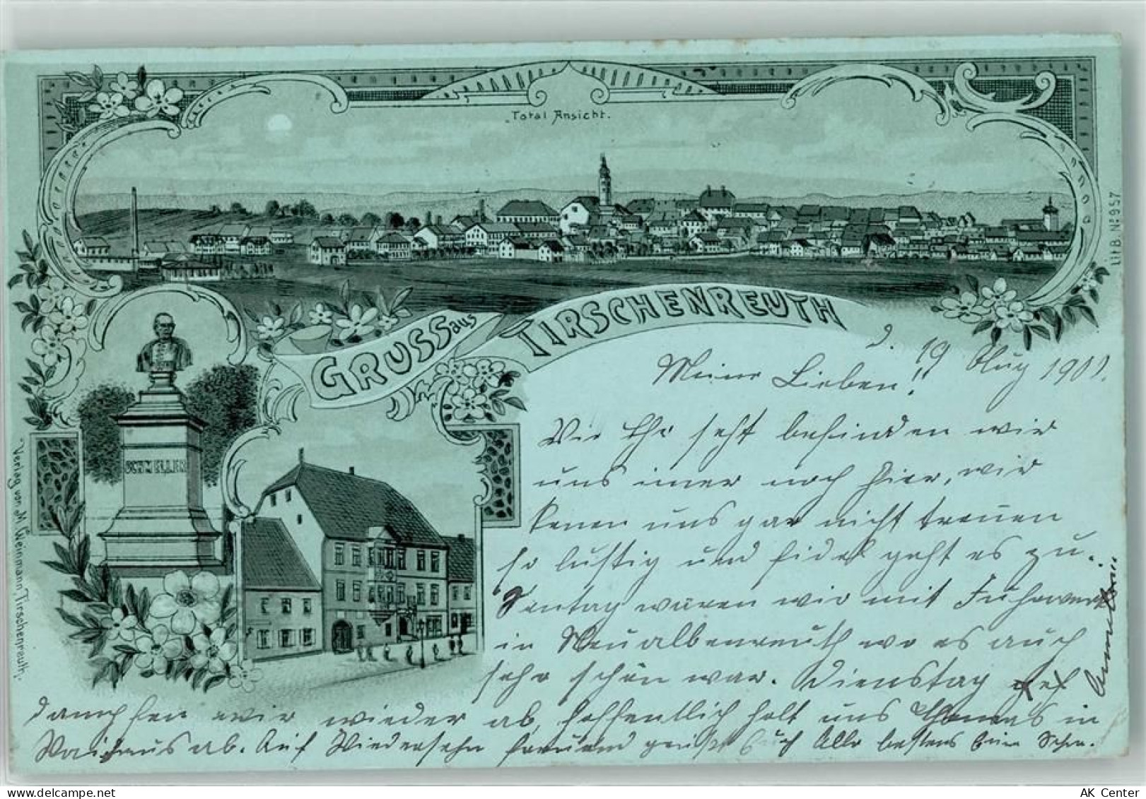 95643 W8593 Tirschenreuth 1900 Lithographie / Mondschein Schiller-Denkma... - 13608482