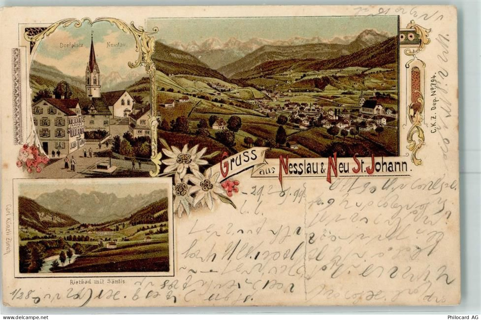 9650 Nesslau 1899 Lithographie Dorfplatz Nesslau Neu St. Johann Rietbad ... - 13601067