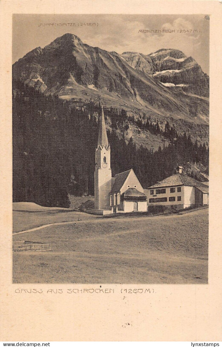 A070 Austria Gruss aus Schrocken 1260 m Village Church mountain postcard