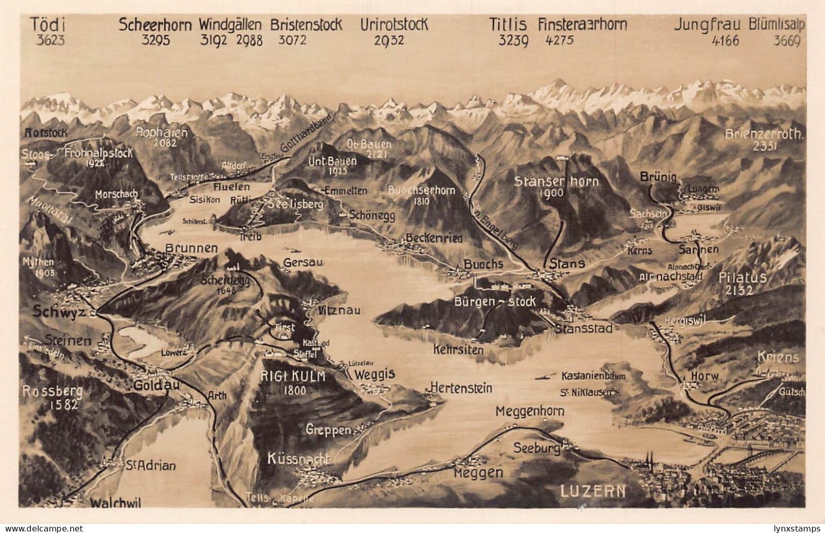 A181 Switzerland Luzern Rigi Kulm Mountain Peaks Lake map Jungfeau Horw postcard