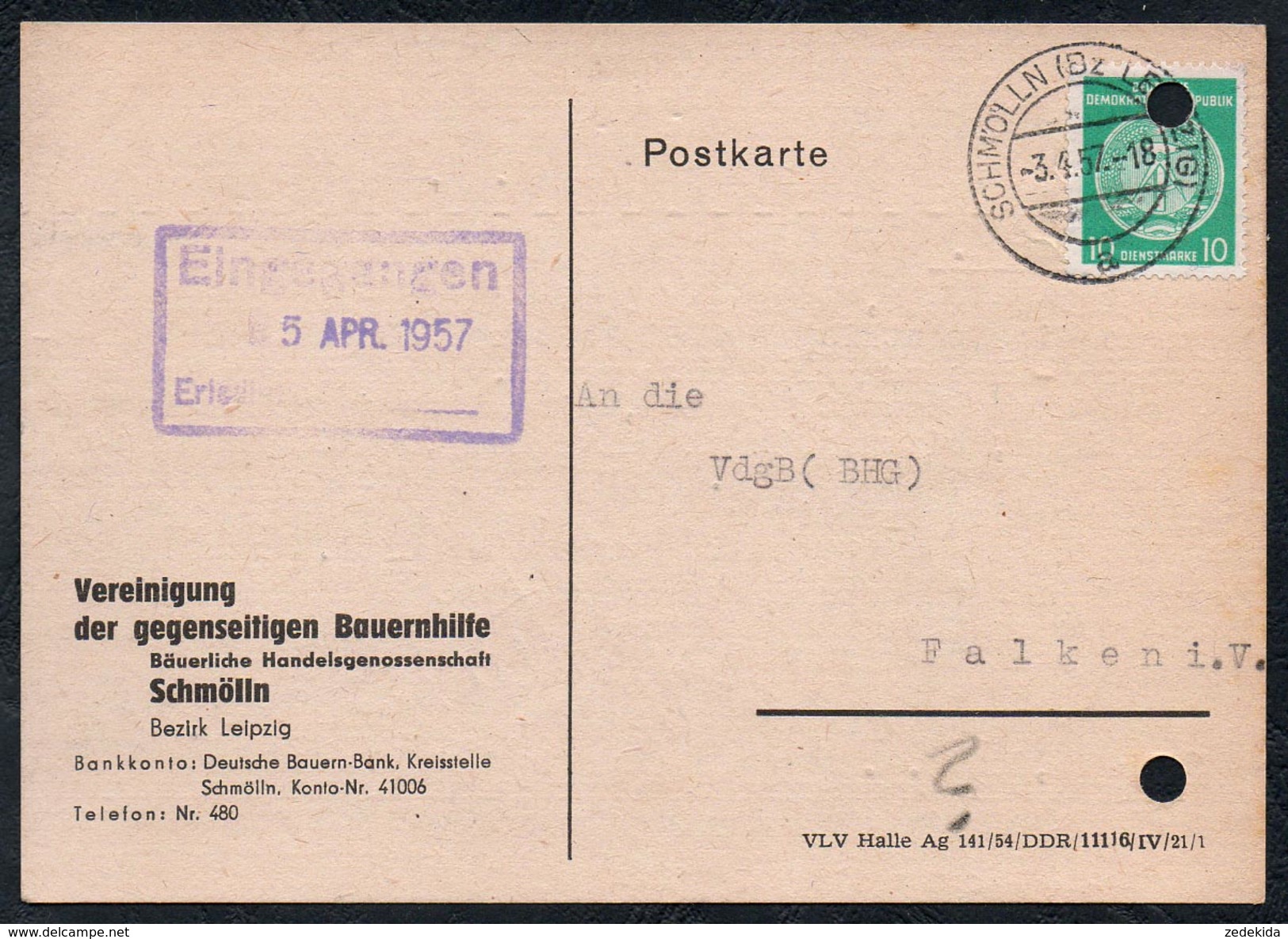 A6248 - alte Postkarte - Bedarfspost - Schmölln Gegenseitige Bauernhilfe nach Falken 1957