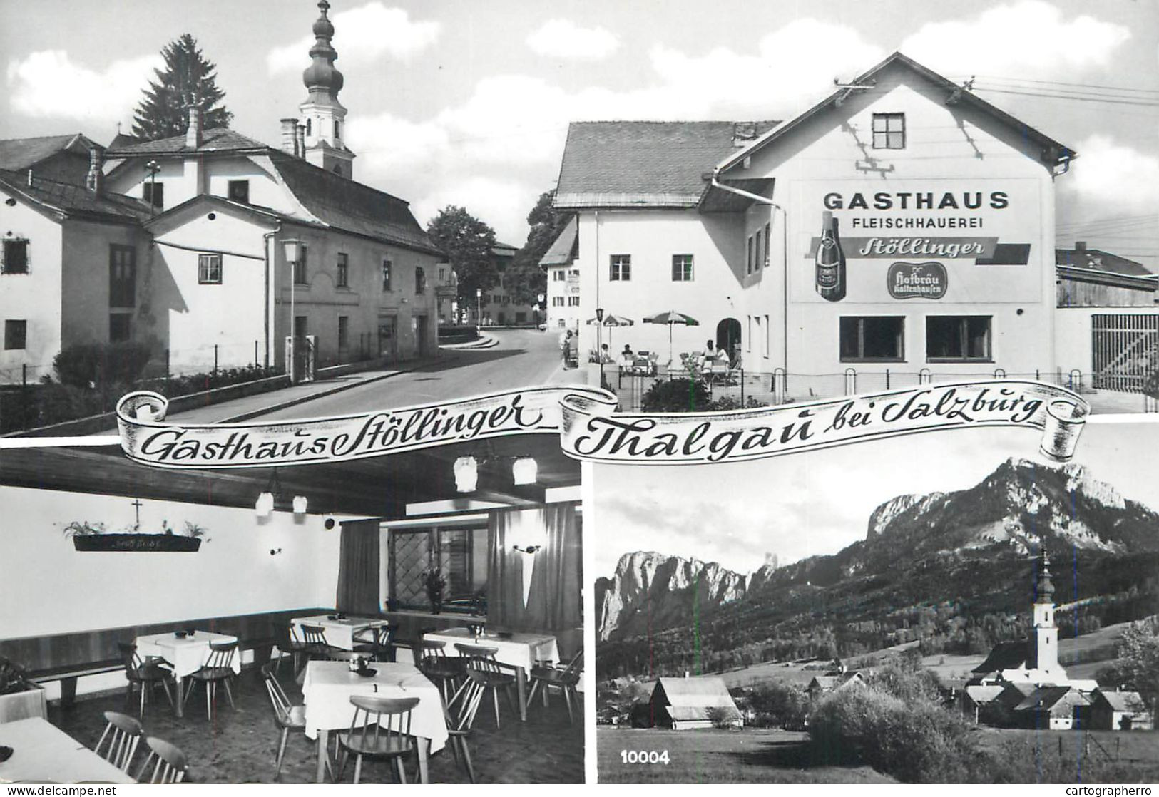 A6326 Thalgau bei Salzburg Mehrbildkarte - Gasthaus Fleischhauerei Stöllinger, Innere, Hofbräu Kaltenhausen Werbung