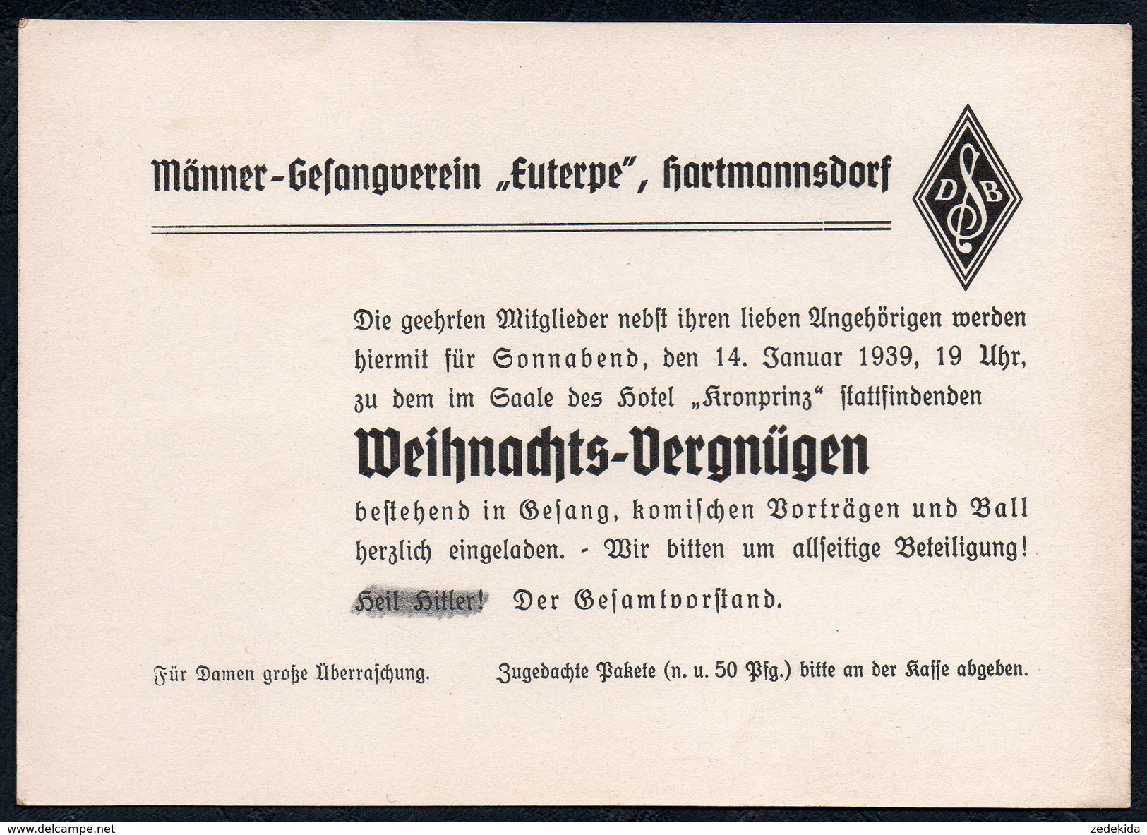 A6881 - alte Postkarte - Männer Gesangsverein Euterpe Hartmannsdorf 1939
