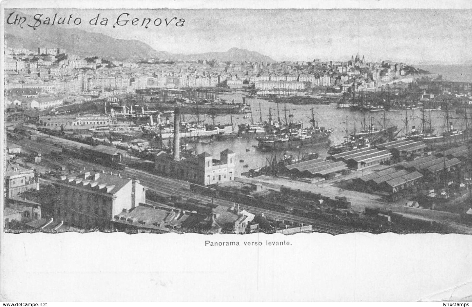 A746 Italy Un saluto da Genova Genoa Panorama Train Station Ships postcard