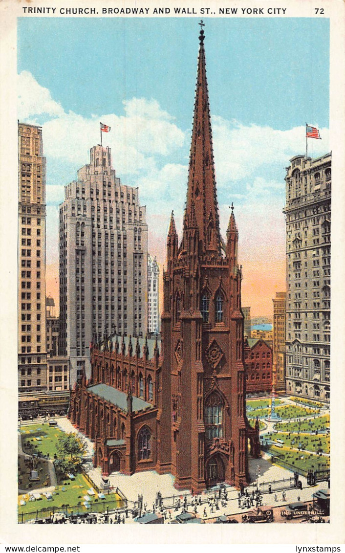 A846 US New York City Trinity Church Broadway and Wall Street postcard