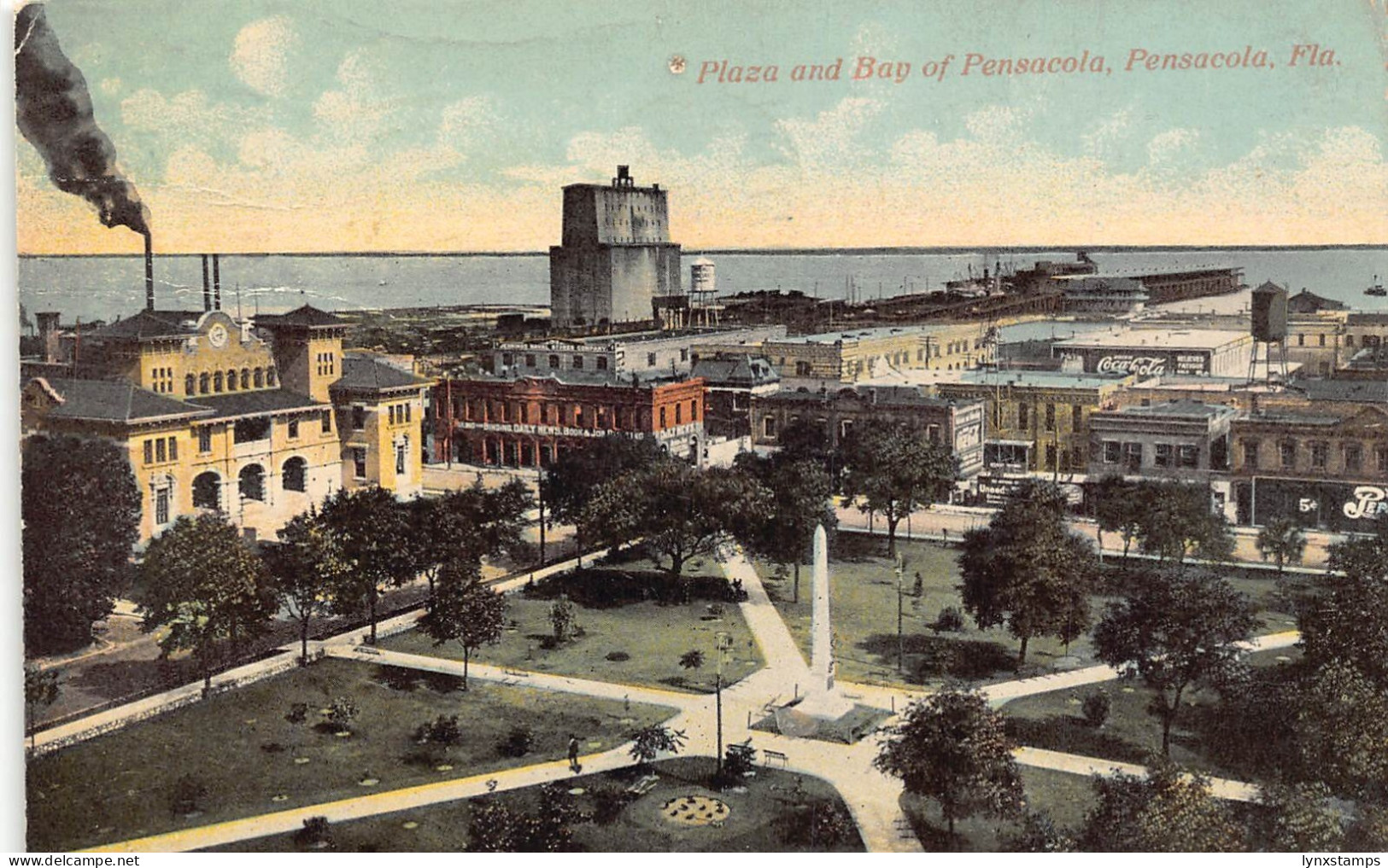 A863 US 1912 Plaza and Bay of Pensacola Florida Industry vintage postcard