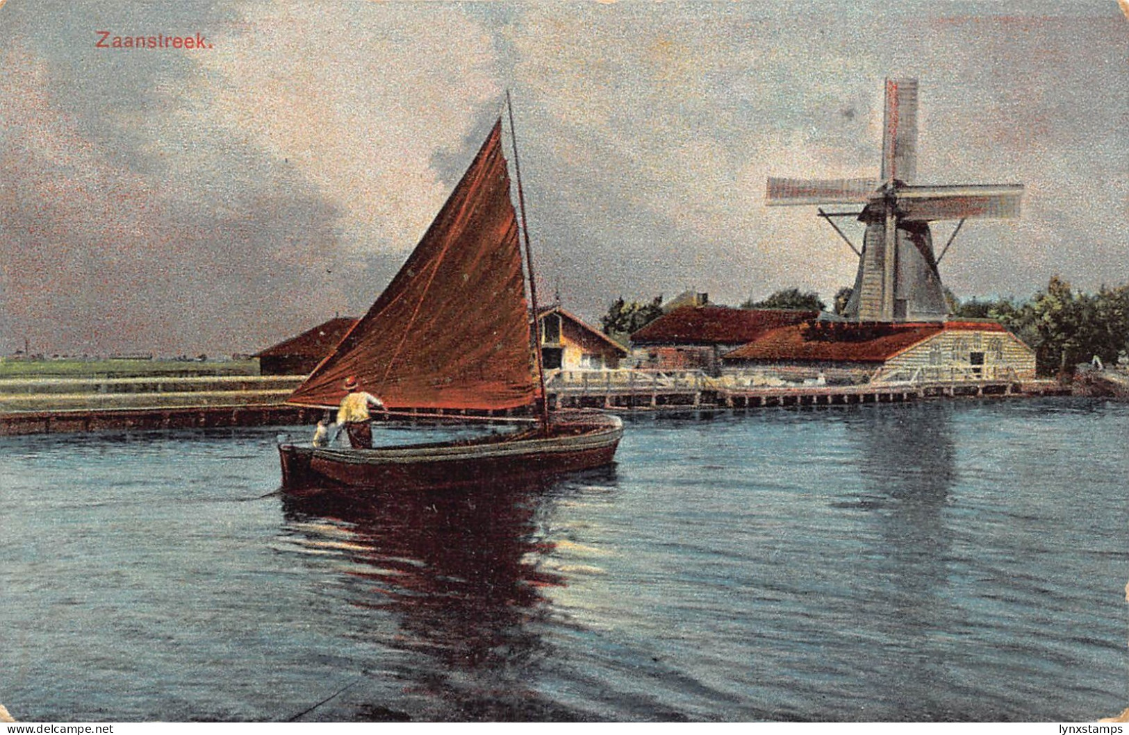 A958 Netherlands Zaanstreek Sailing Boat Fisherman Windmill vintage postcard