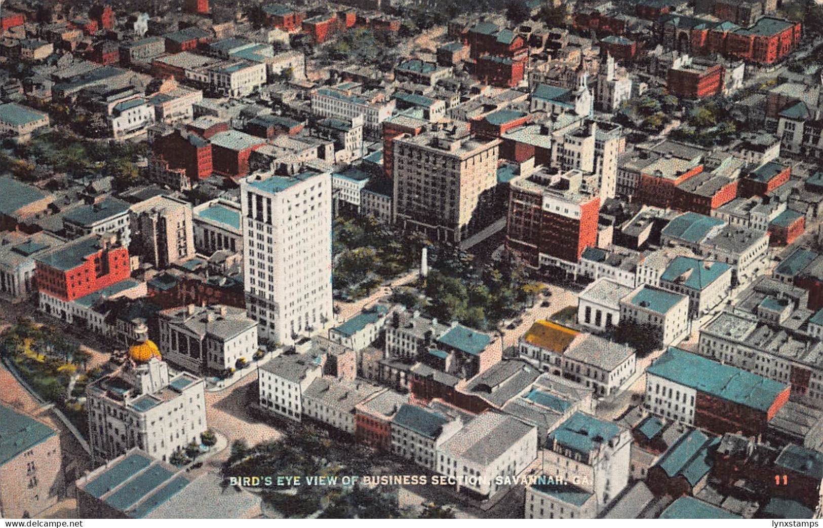 A969 US Bird's Eye view of Busoness Section Savannah Georgia vintage postcard