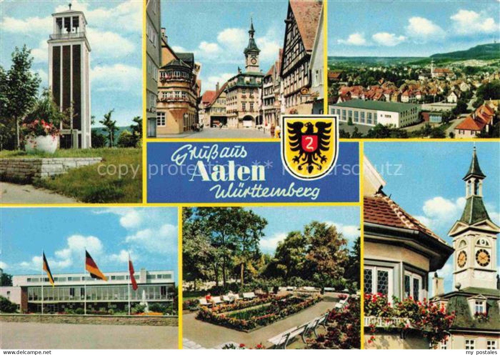 Aalen BW Glockenturm Teilansichten Stadthalle Park Rathaus