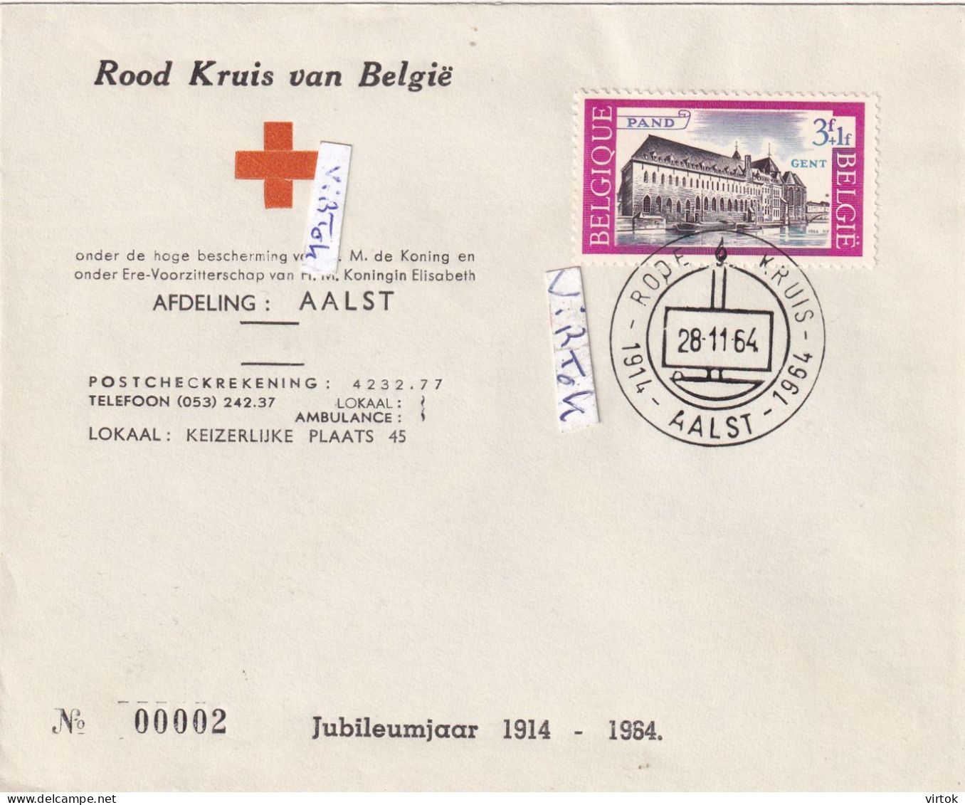 AALST :  envelop : ROOD KRUIS van België : afdeling AALST  1964