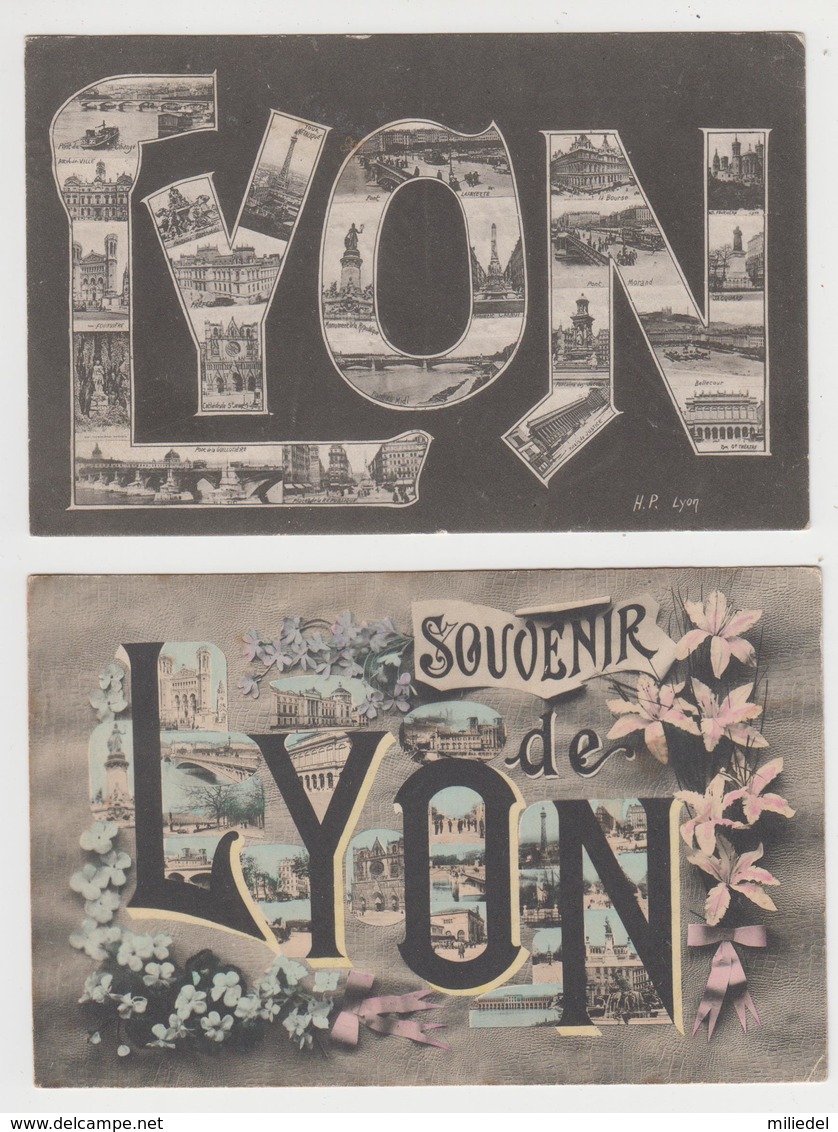 AC518 - LOT 2 CARTES LYON - Souvenir de LYON - LYON écriture - Multivues