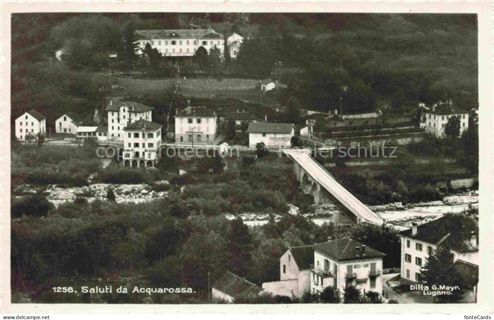Acquarossa Blenio TI Bruecke Fluss Dorf Gebaeude Berge Felder