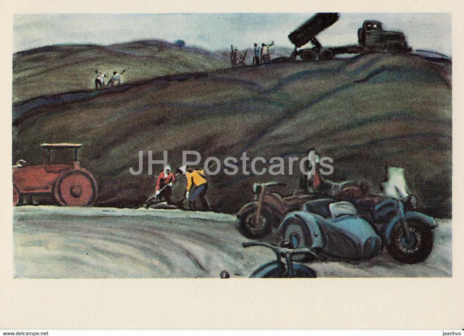across Kyrgyzstan by V. Rogachev - Road Repair - tractor - motorbike - illustration - 1979 - Russia USSR - unused