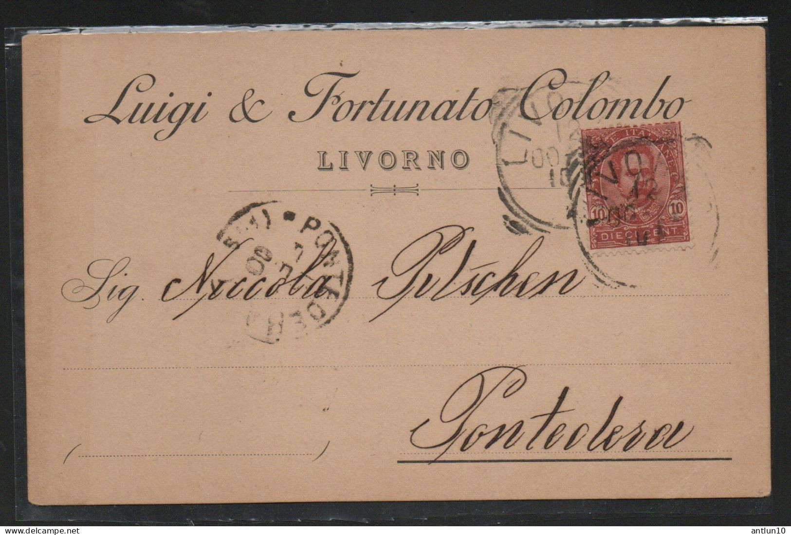 $#$#(AD2601)-LIVORNO-Cartolina commerciale Luigi & Fortunato Colombo-Livorno per Pontedera, usata 1900