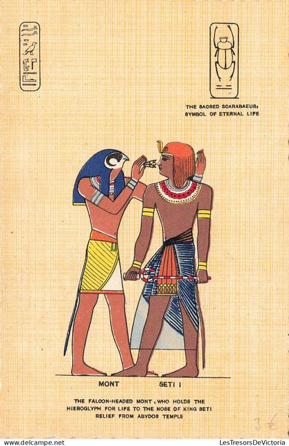 EGYPTE - Abydos - temple - Faloon headed mont - Mont - Seti Ier - Sacred scarabaeub - colorisé - Carte postale ancienne
