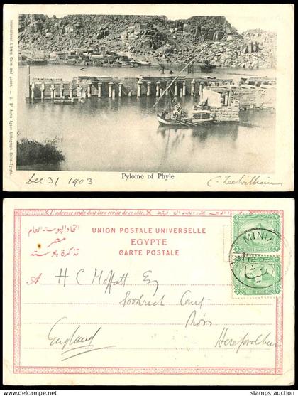 Egypt Minia Minya 2mx2 1903 Old Postcard Pylome of Phyle PHILAE FLOOD Ruins Boat