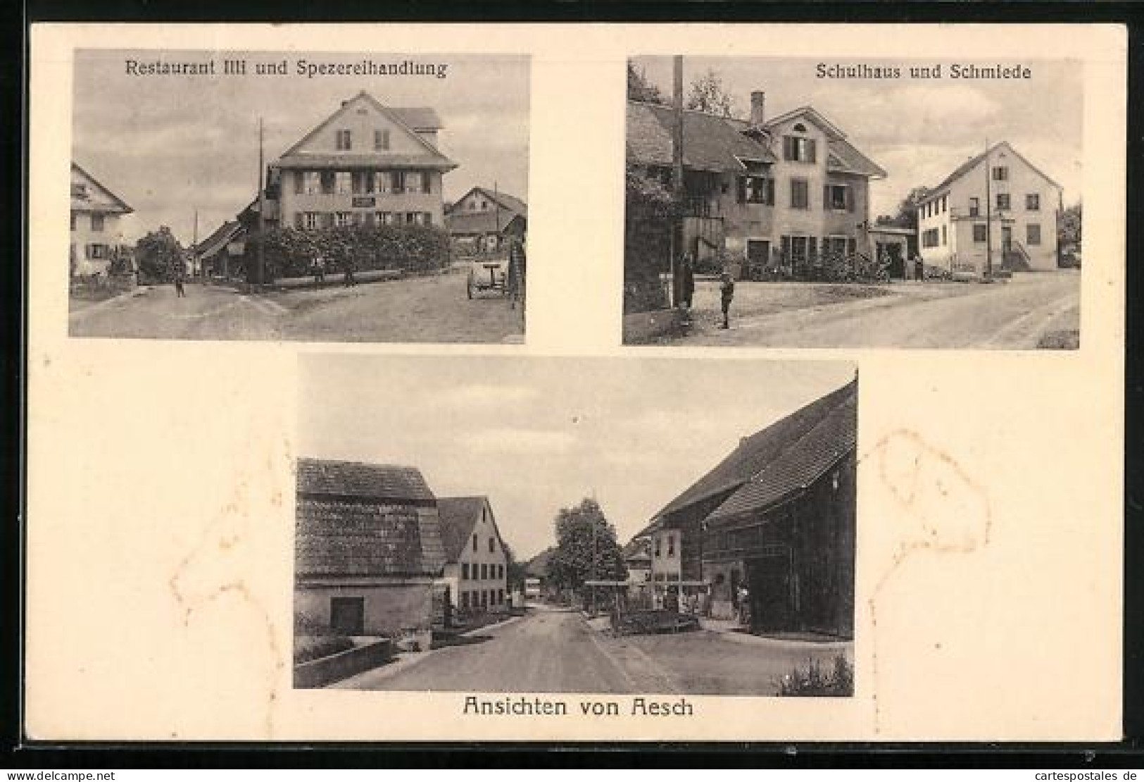 AK Aesch bei Birmensdorf, Restaurant Illi und Spezereihandlung, Schulhaus und Schmiede