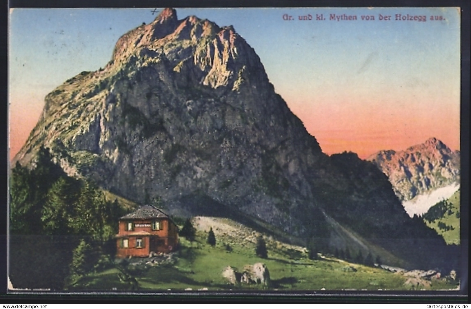 AK Alpthal, Holzegg mit Blick auf die gr. und kl. Mythen in der Dämmerung
