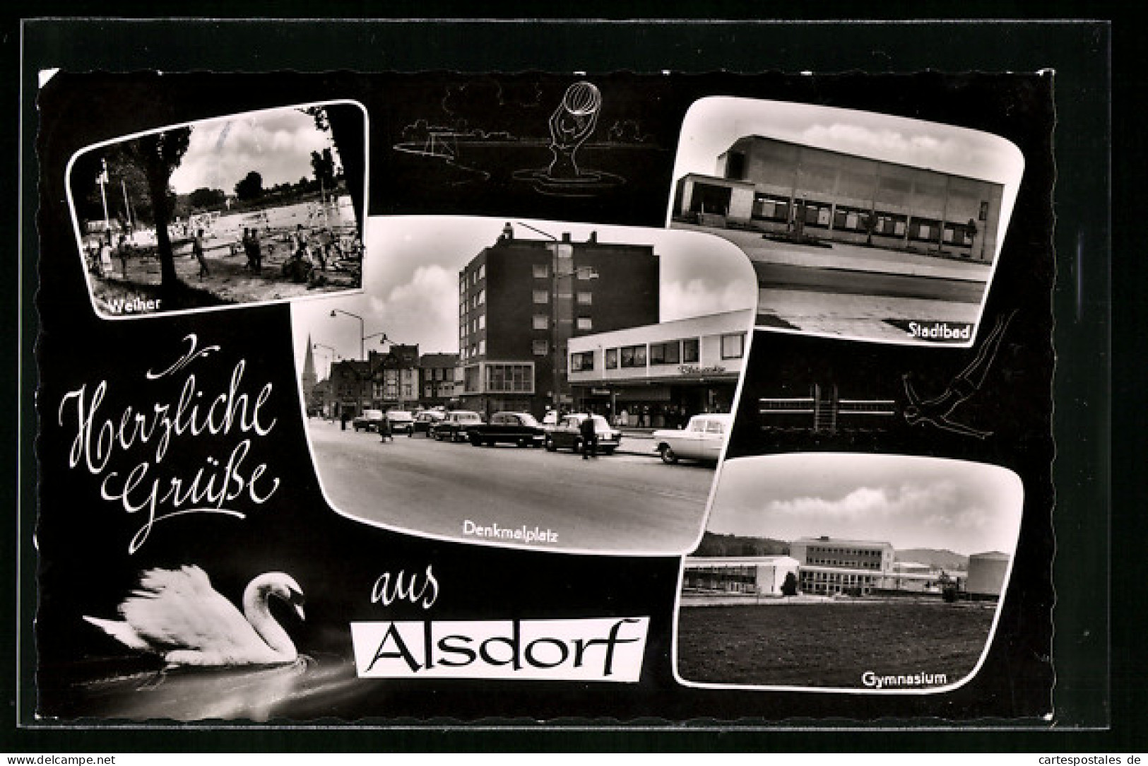 AK Alsdorf, Denkmalplatz, Gymnasium, Stadtbad