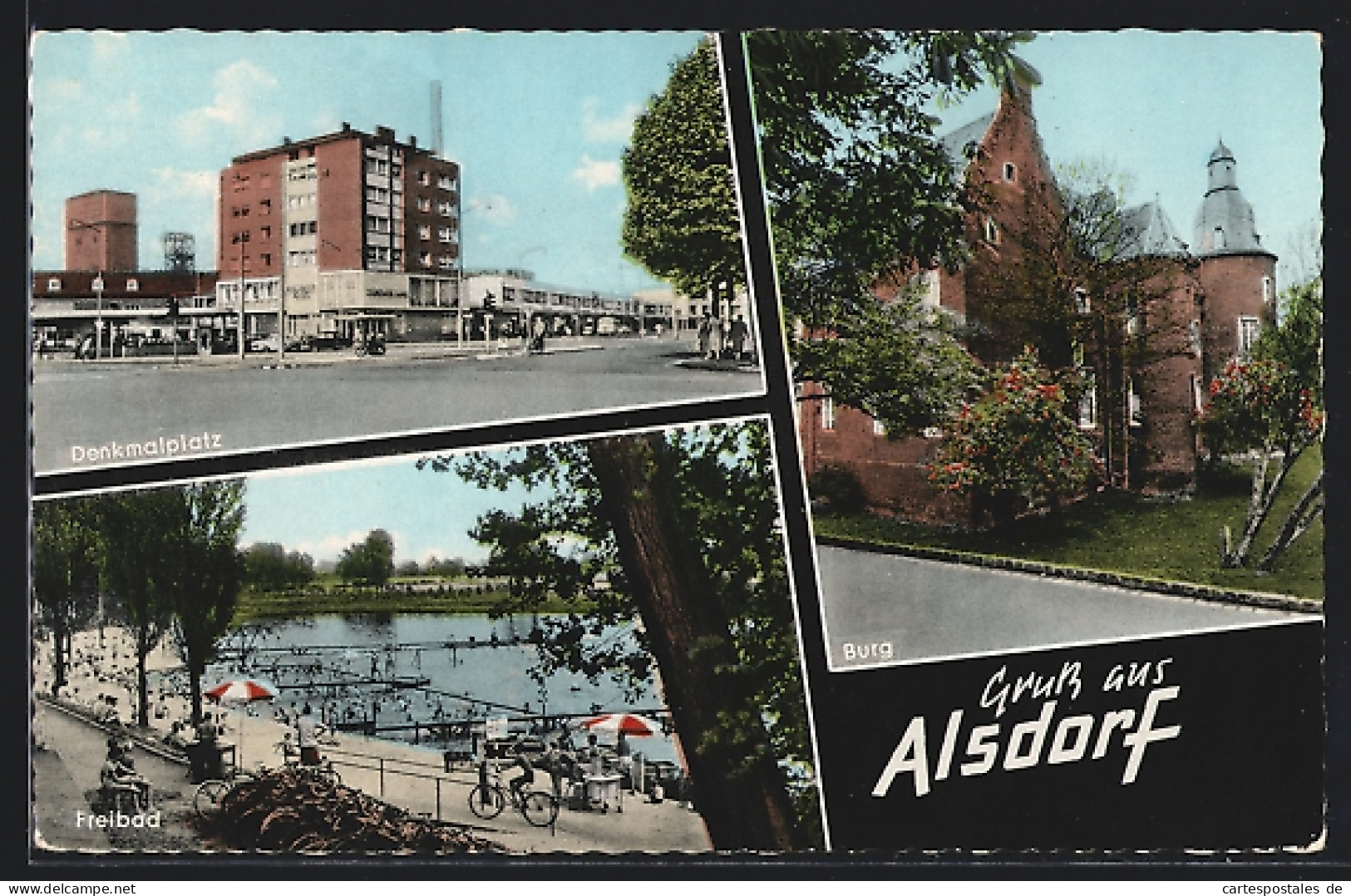 AK Alsdorf / Rheinl., Denkmalplatz, Burg, Freibad