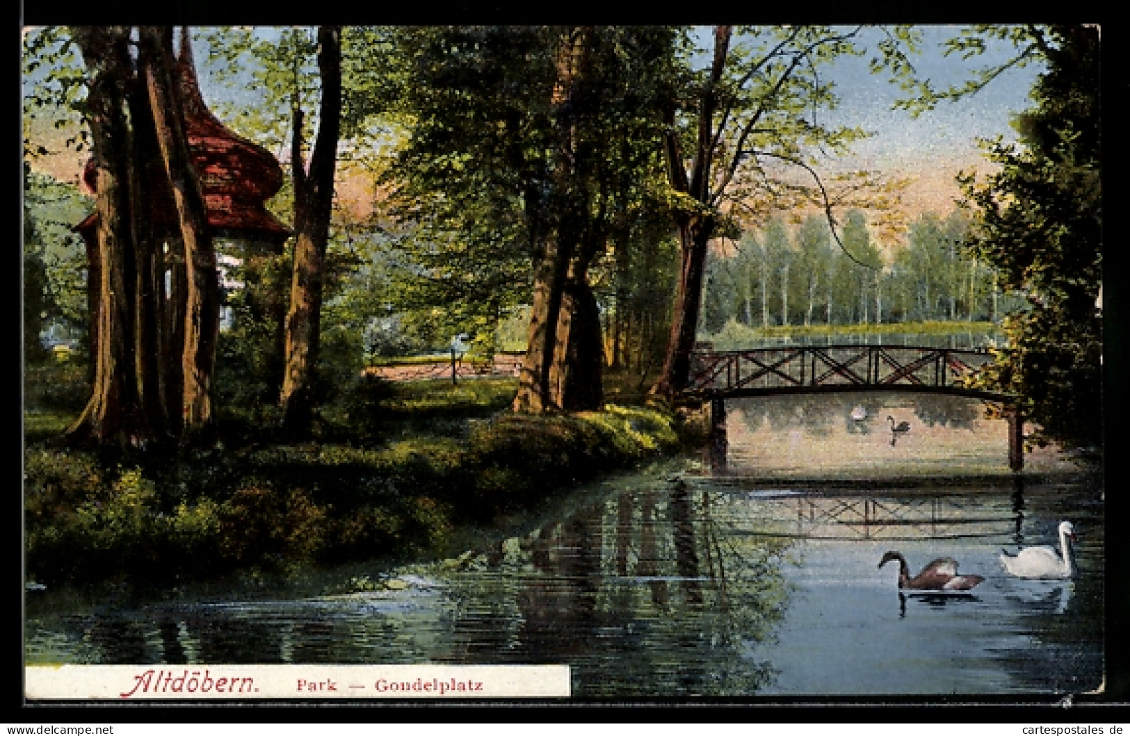 AK Altdöbern, Gondelplatz mit Brücke im Park