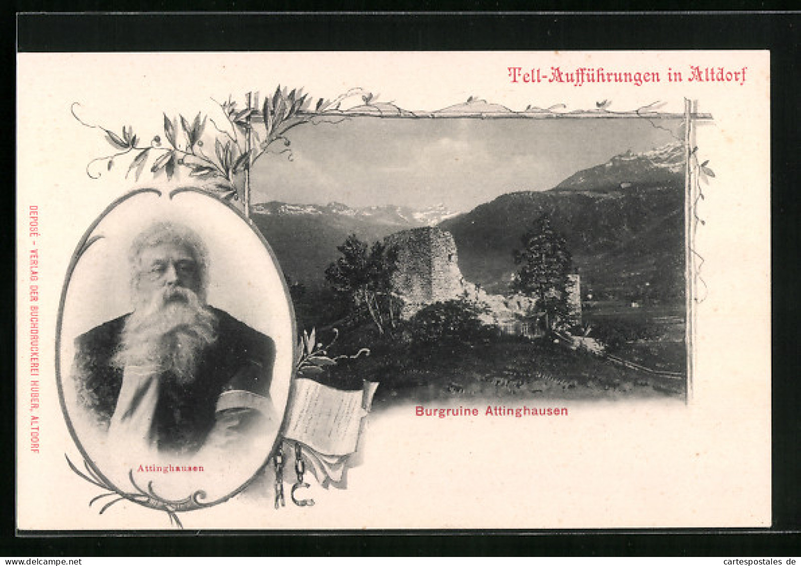 AK Altdorf, Blick auf die Burgruine Attinghausen, Portrait von Attinghausen