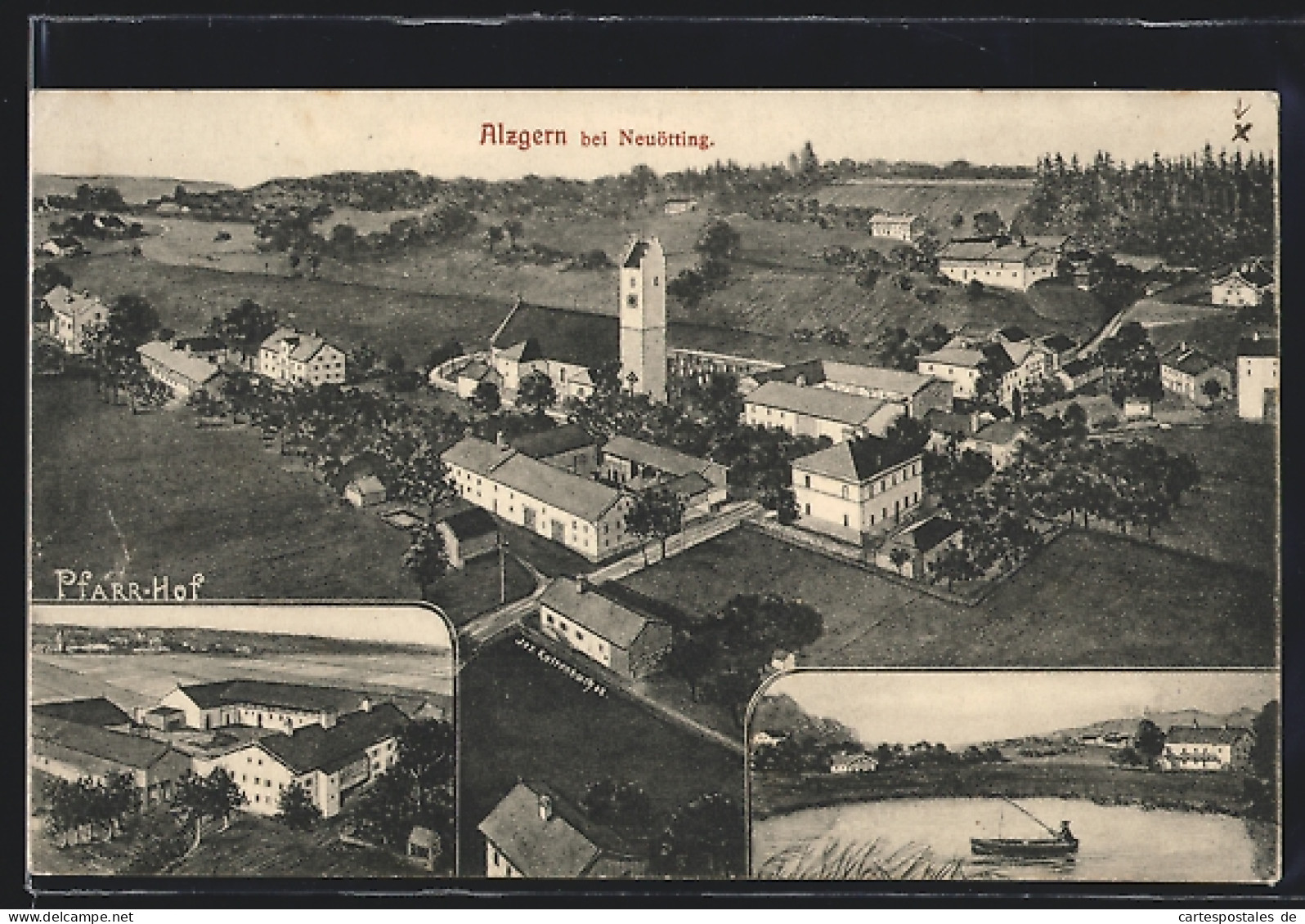 AK Alzgern b. Neuötting, Pfarrhof, Teichpartie, Teilansicht aus der Vogelschau