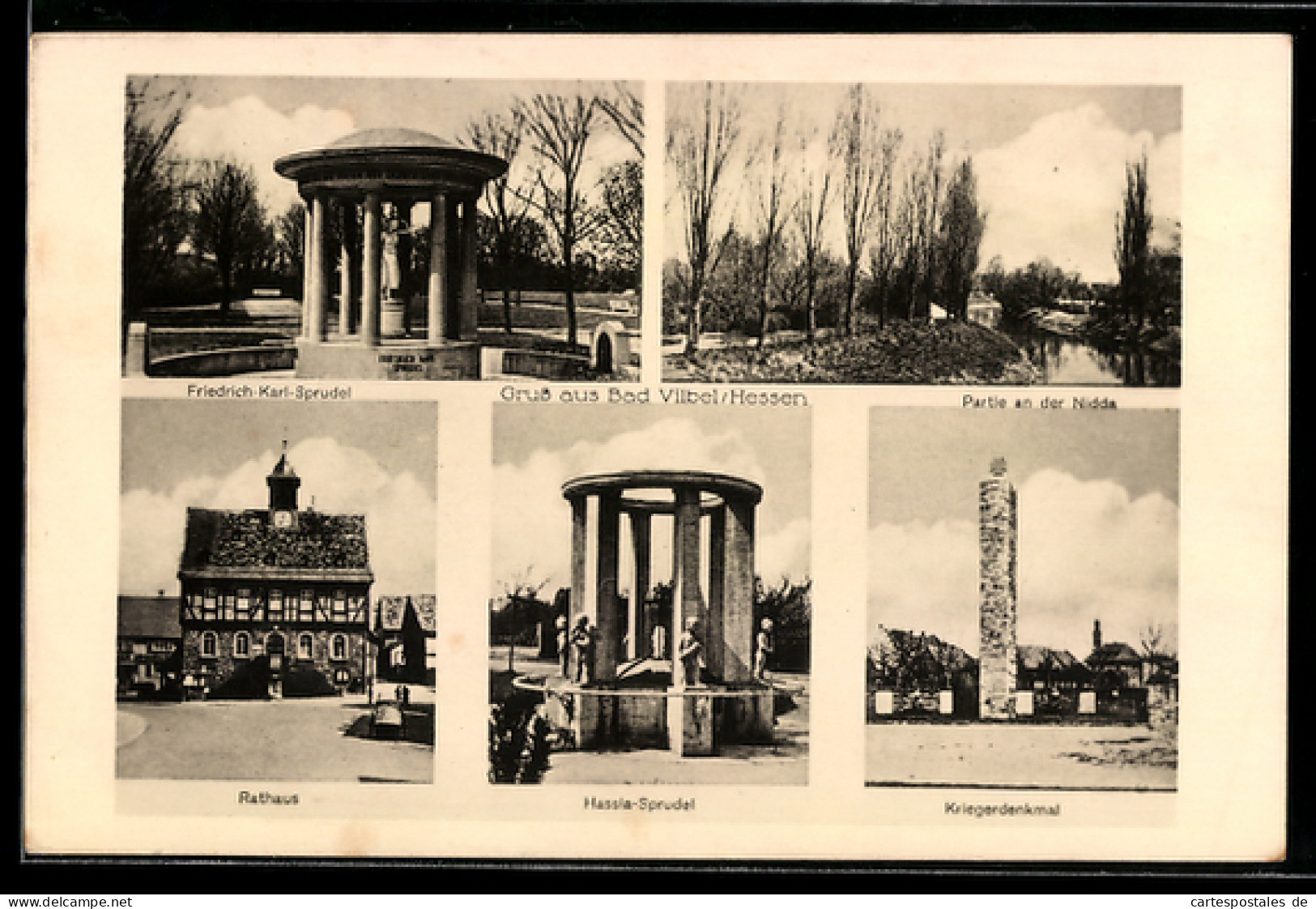 AK Bad Vilbel /Hessen, Rathaus, Hassia-Sprudel, Kriegerdenkmal
