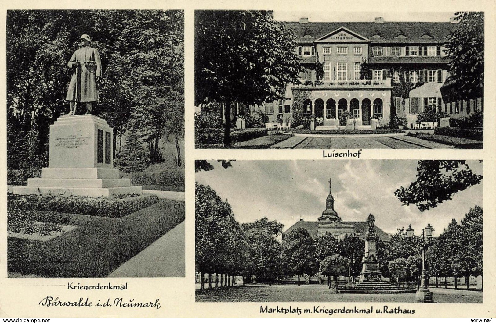 AK Bärwalde Luisenhof Denkmal Rathaus Neumark 1934 gelaufen Postkarte