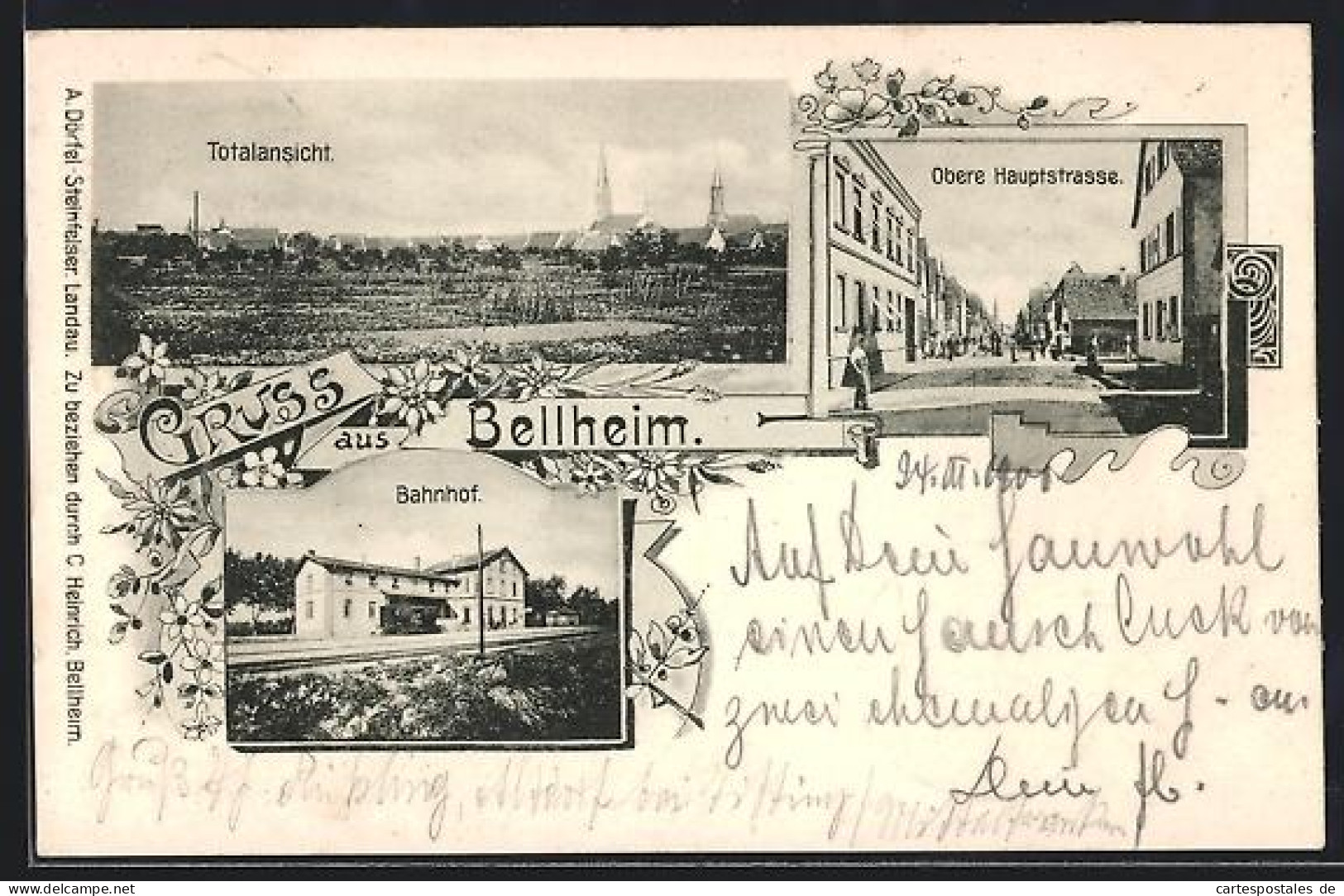 AK Bellheim, Bahnhof, Obere Hauptstrasse, Totalansicht