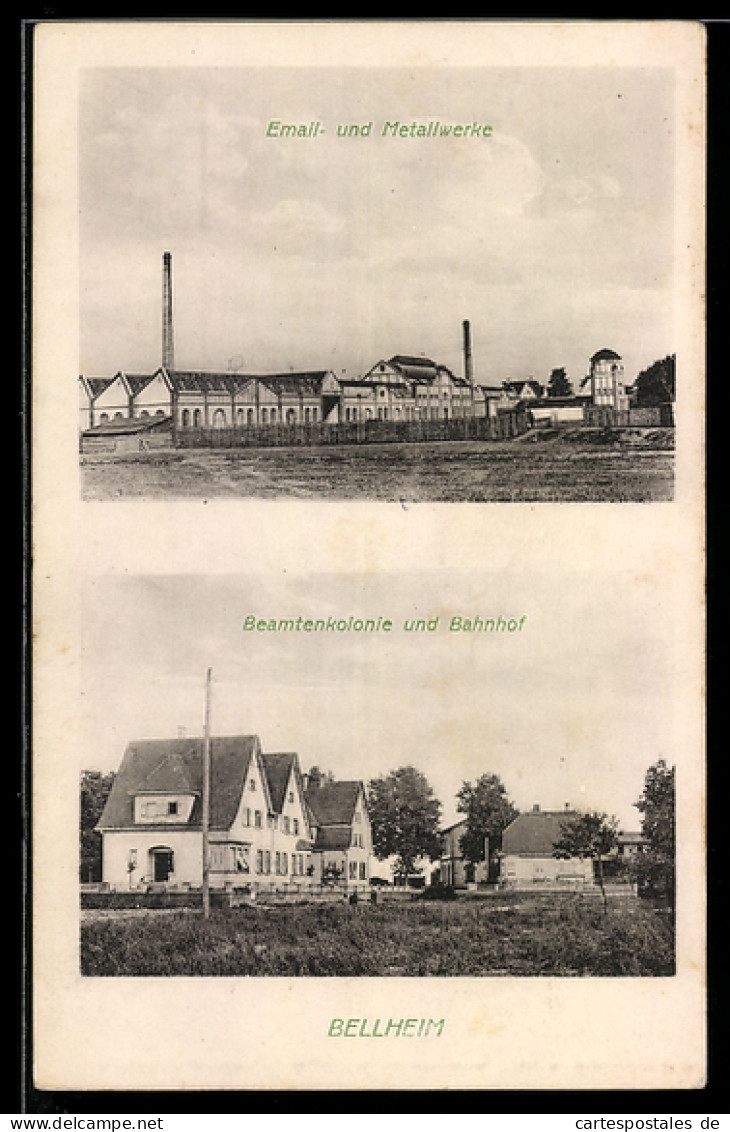 AK Bellheim, Beamtenkolonie und Bahnhof, Email- und Metallwerke