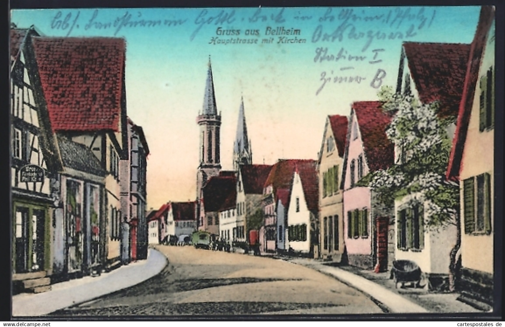 AK Bellheim, Hauptstrasse mit Kirchen