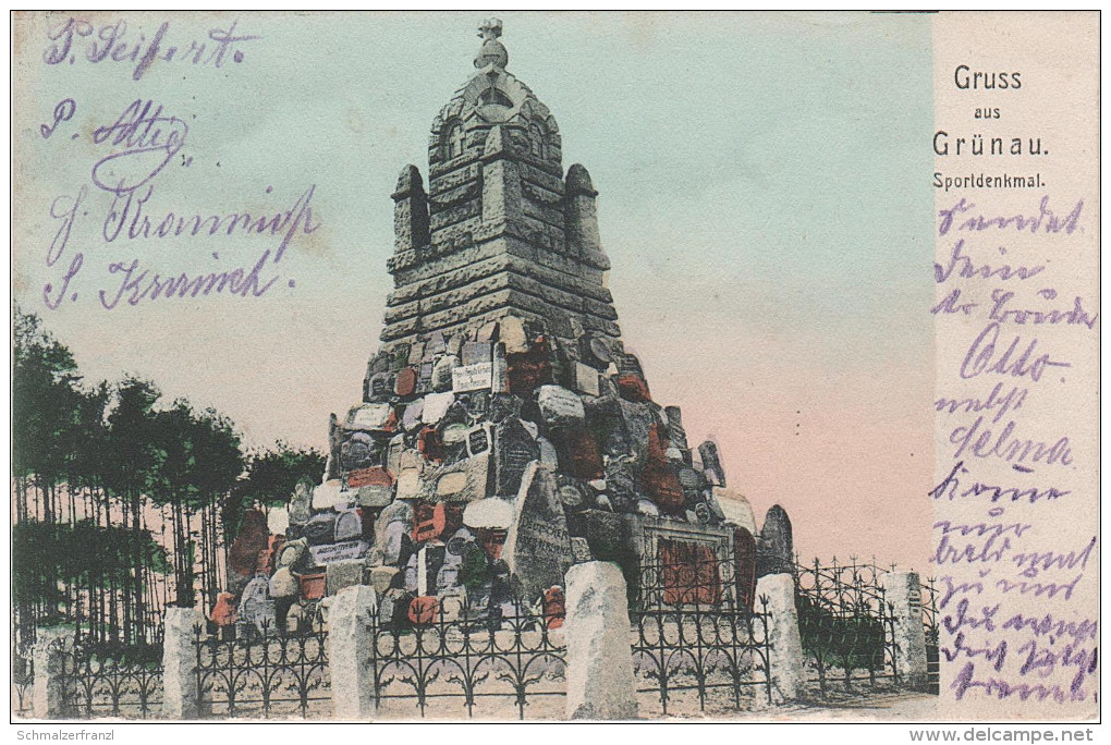 AK Berlin Gruss aus Grünau Sportdenkmal Sport Denkmal bei Köpenick Treptow Stempel " Grünau "