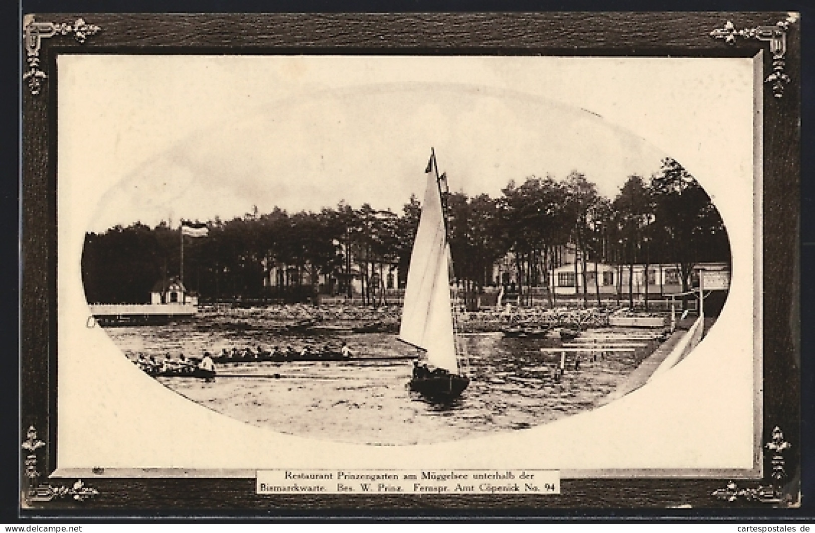 AK Berlin-Köpenick, Restaurant Prinzengarten am Müggelsee unterhalb der Bismarckwarte, mit Holzrahmen