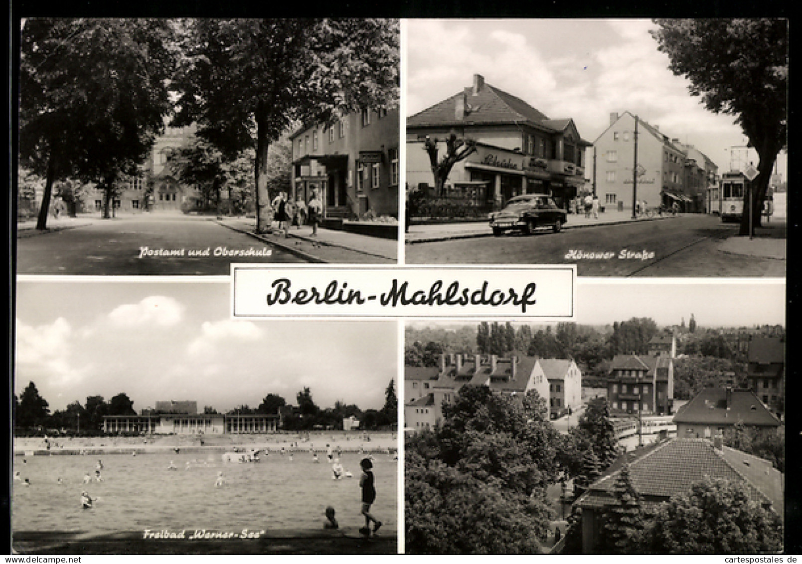 AK Berlin-Mahlsdorf, Postamt und Oberschule, Hönower Strasse, Freibad