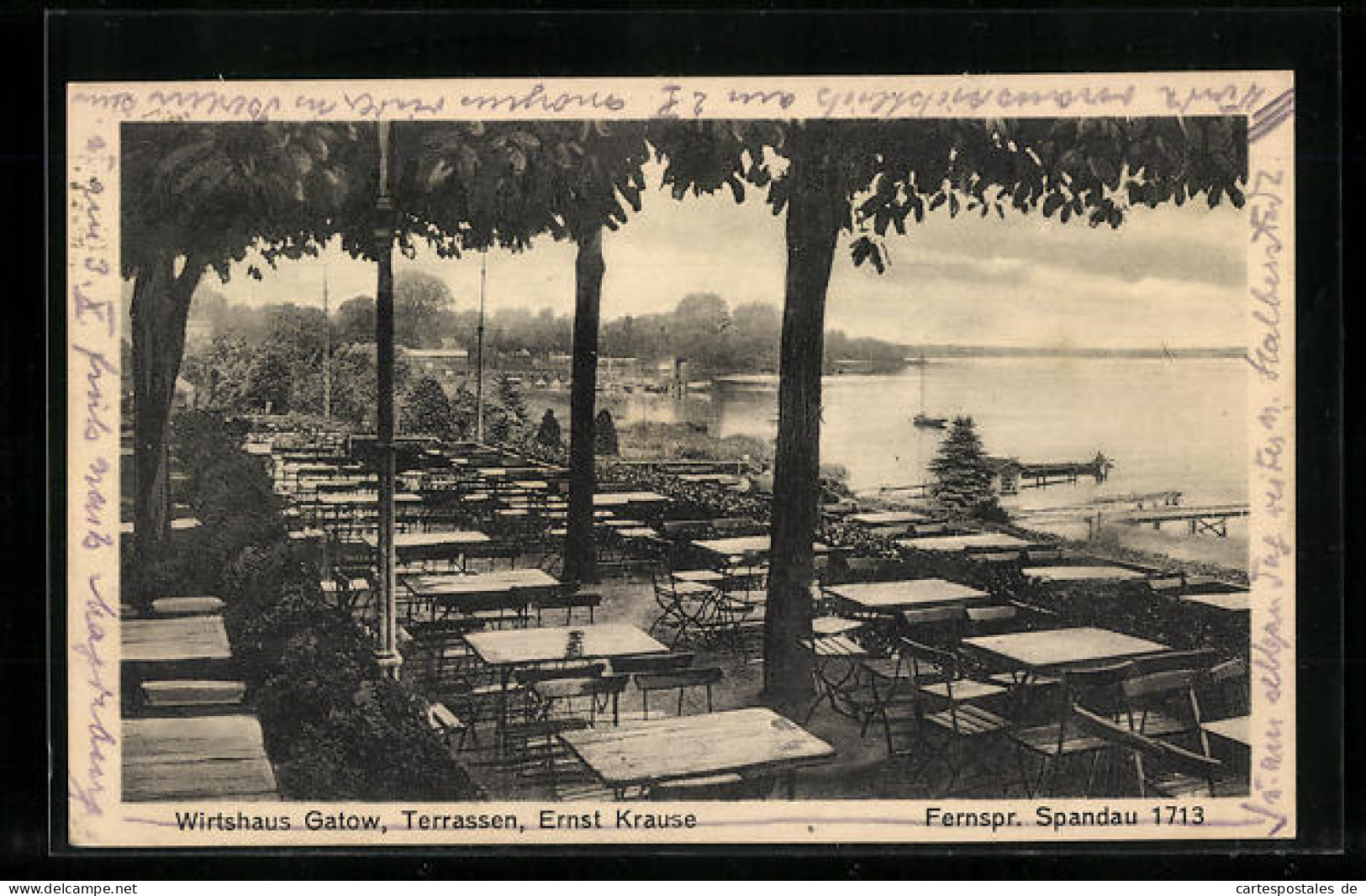 AK Berlin, Wirtshaus Gatow, Terrassen mit Blick auf den See