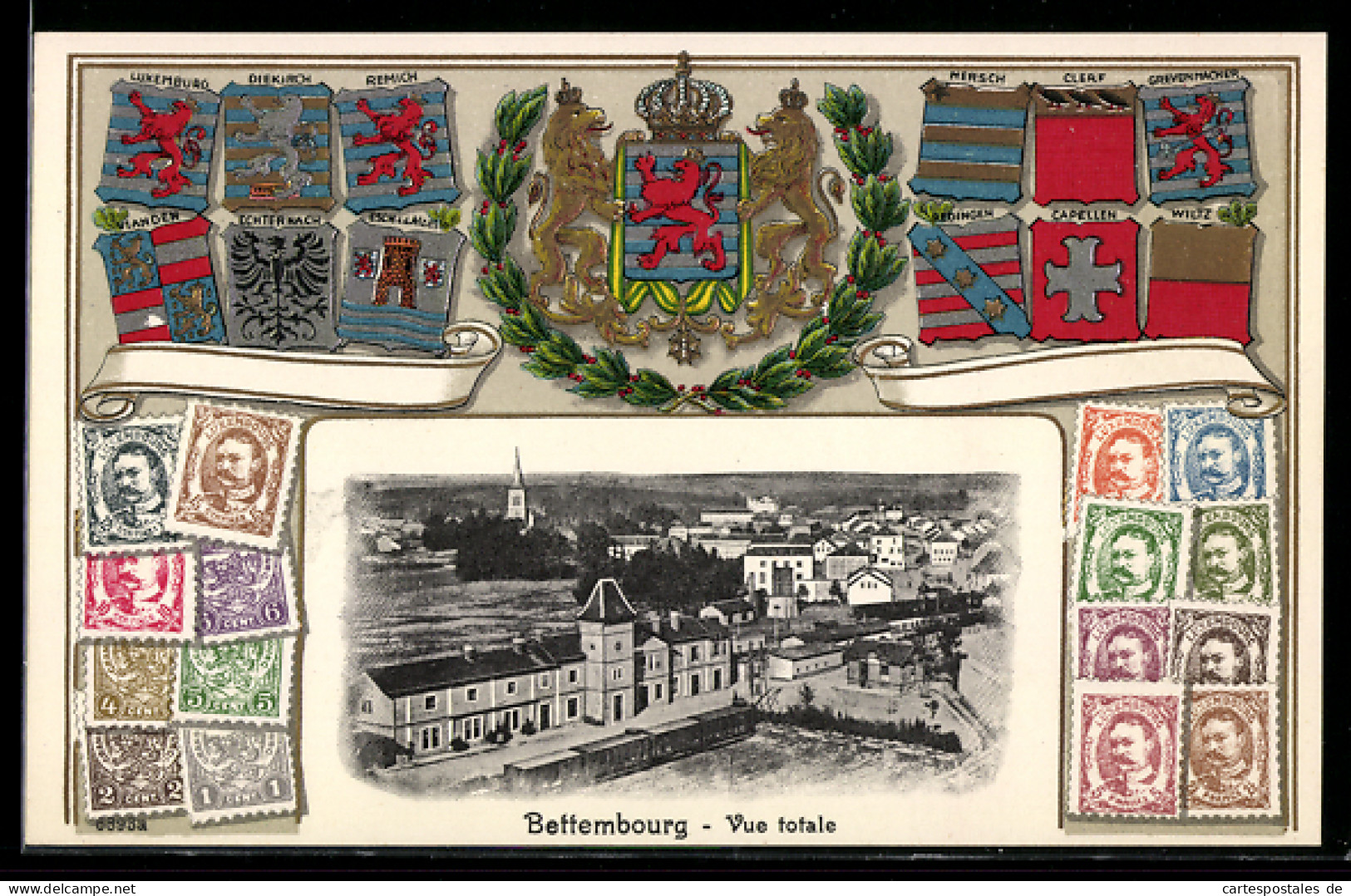 AK Bettembourg, Bahnhof, Briefmarken, Wappen